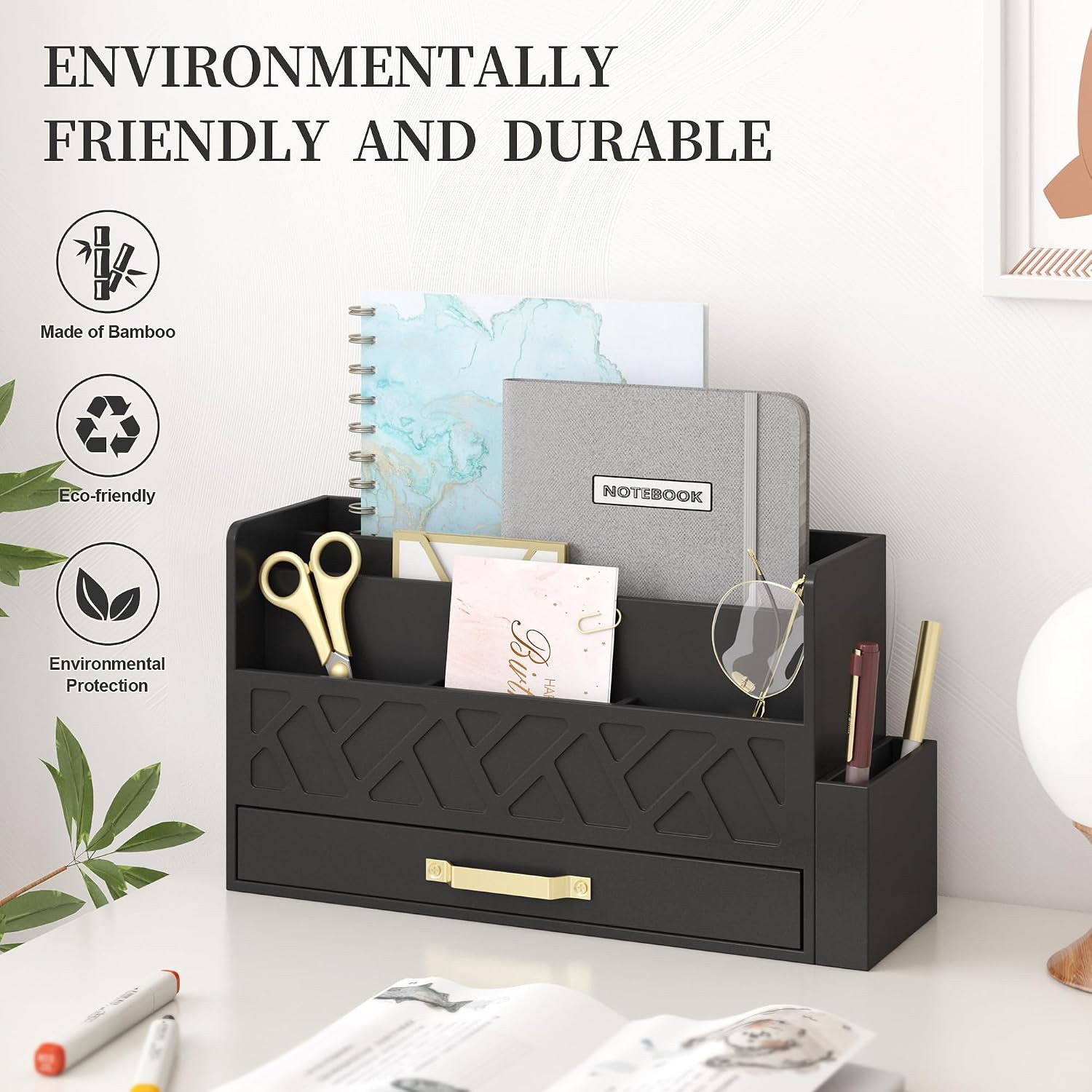 Wisuse Desk Mail Organizer with Drawer – Bamboo Wooden File Bill Sorter Storage