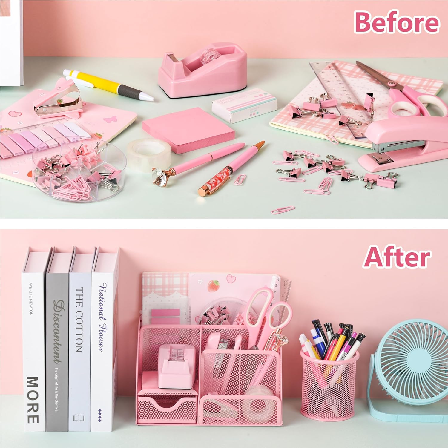 Pink Mesh Desk Organizer Office Supplies Set 11 Pc with Stapler Scissors