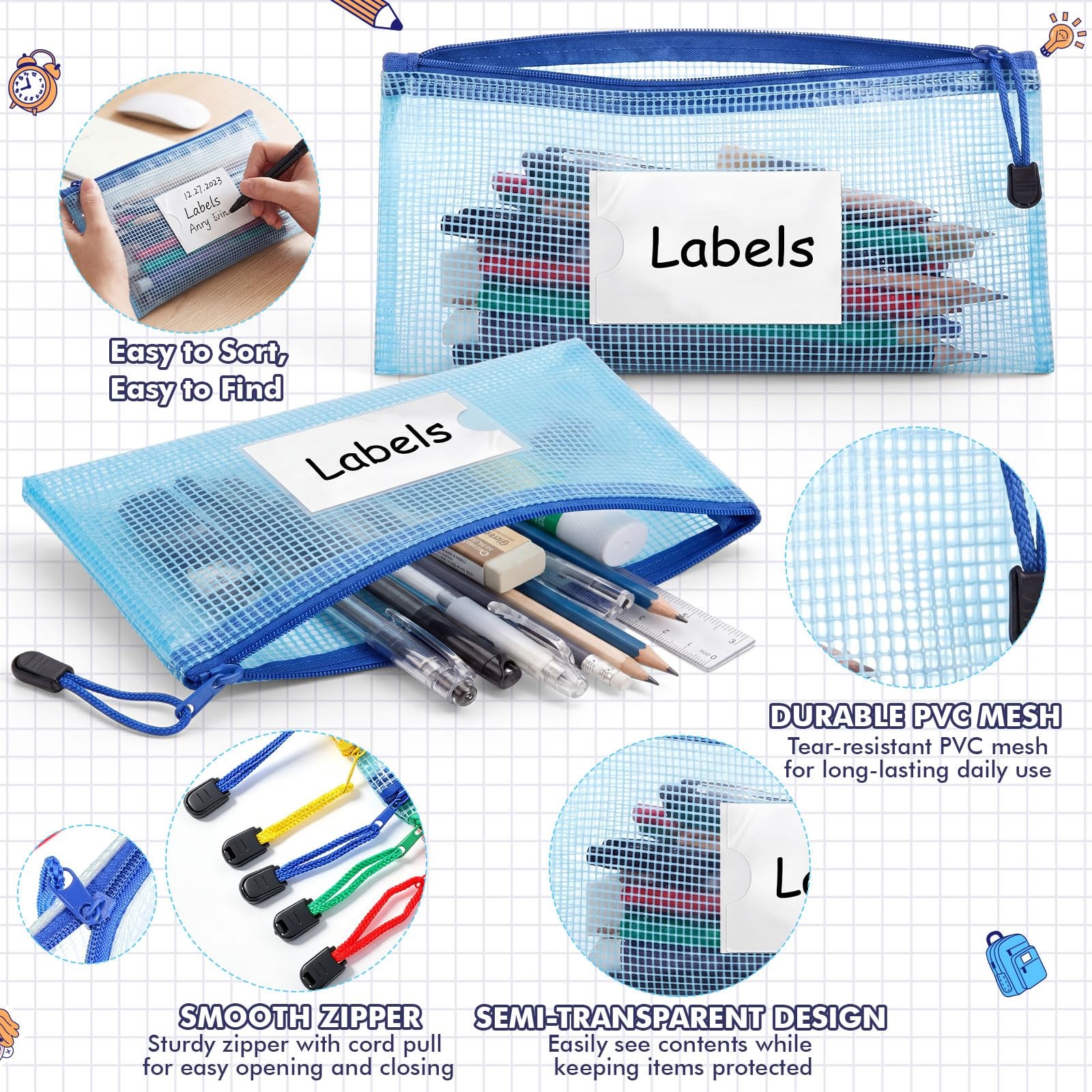 200 Pack A6 Mesh Zipper File Bags with Label Cards, 9.45×4.53 in Waterproof P…