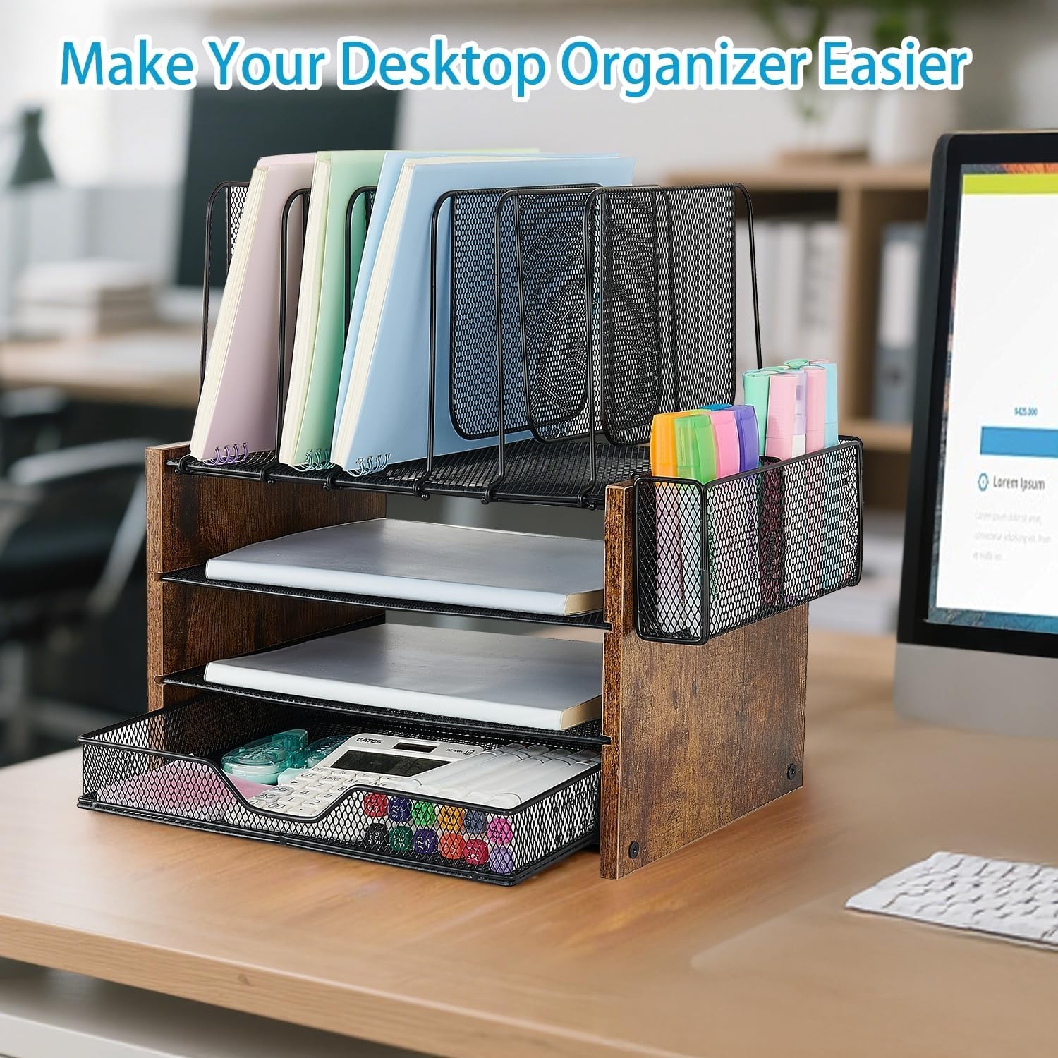 Desk Organizer, 4-Tier Desktop File Organizer with Drawer and 2 Pen Holders, …