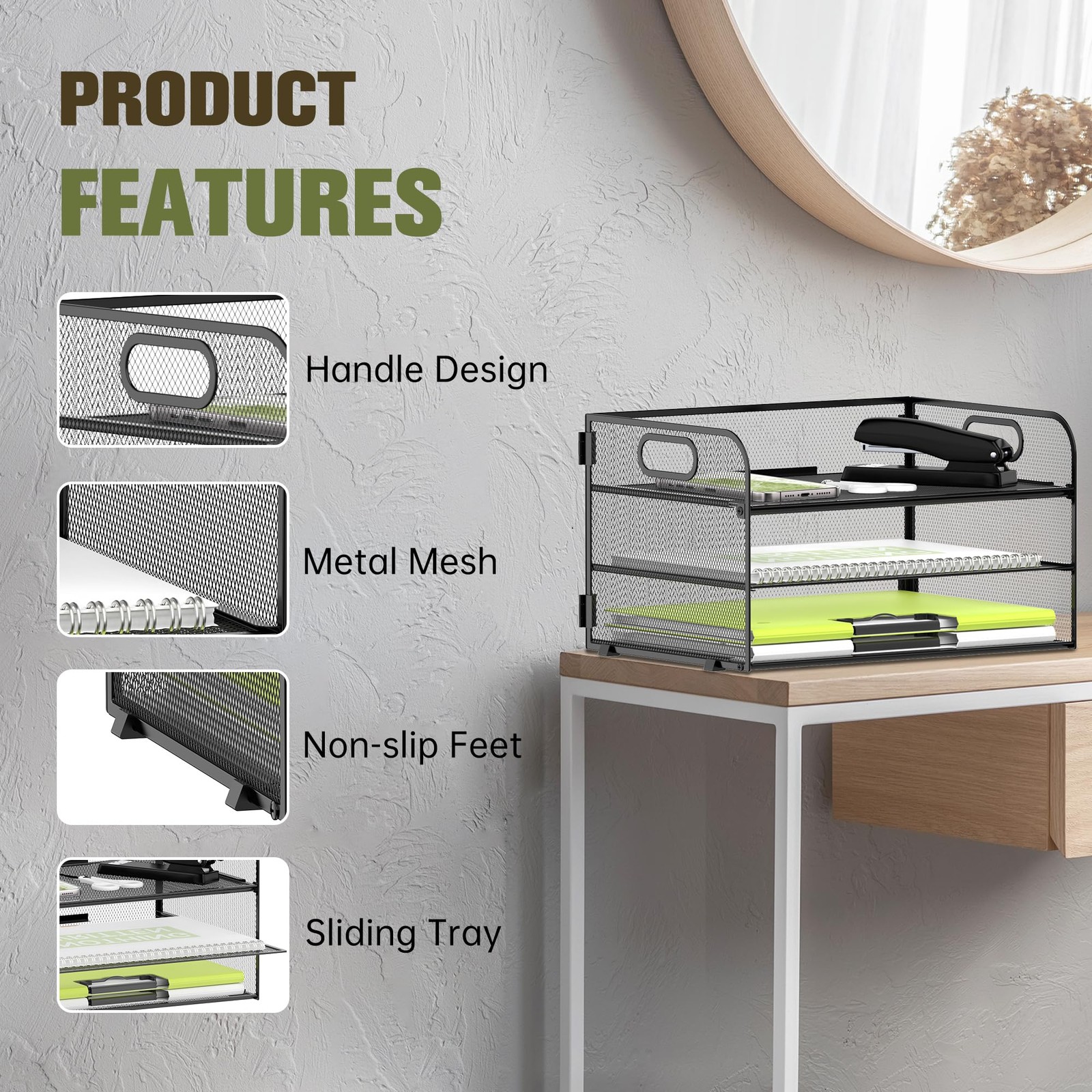 DALTACK 3 Tier Paper Organizer with Handle, Mesh 12.5″ x 9″ x 7.5″, Black