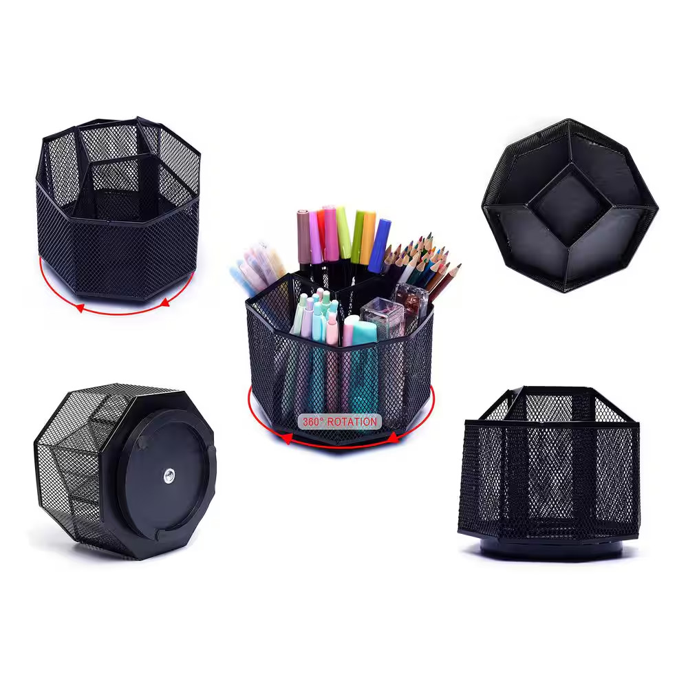 Mesh Desk Tidy Pen Holder Multifunctional Organiser 360 Rotation Large Capacity