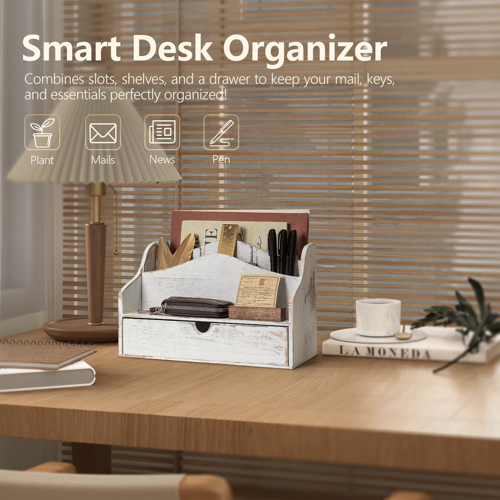 Pine Wooden Mail Organizer for Desk – Retro Farmhouse Holder A-Whitewash