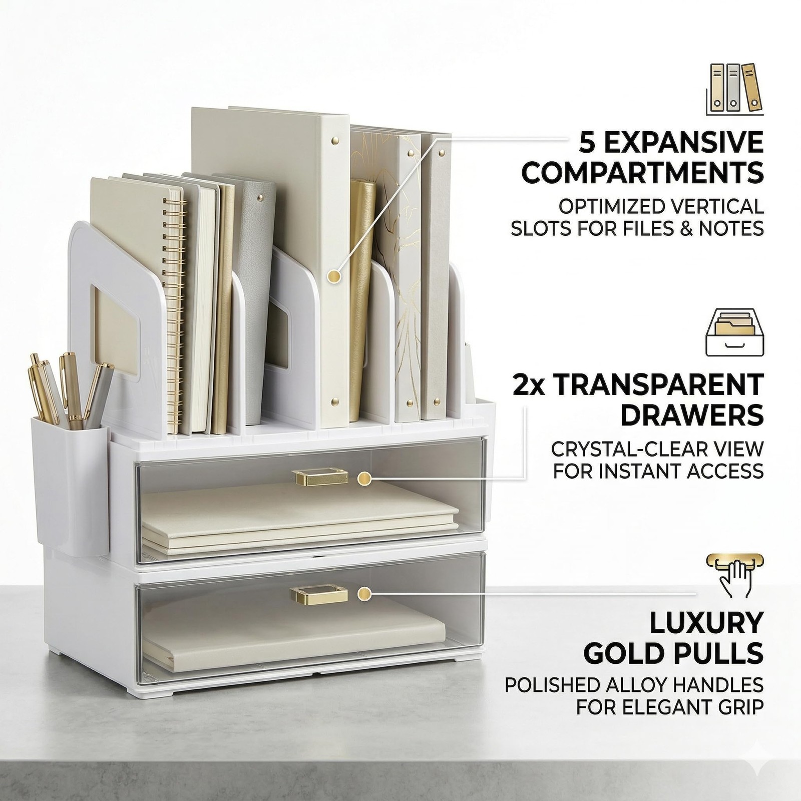 CiWiVOKi White Desk Organizer with 4 File Holder Slots, 2 Clear 5 pc,