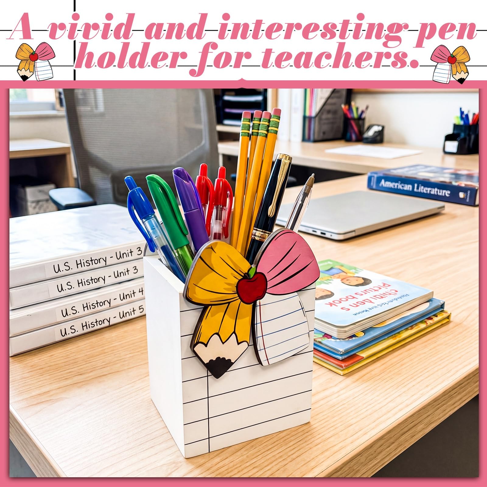 2 Pcs Bow Notebook Pencil Holder for Desk Double-sided Wooden Bow Pencil Hold…