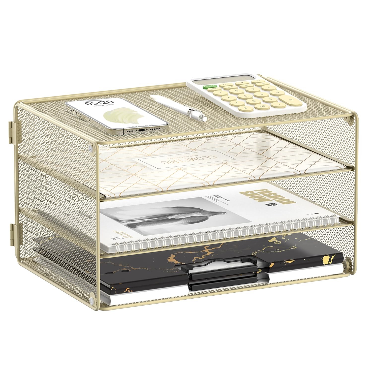 DALTACK 3~Tier Mesh Letter Tray Organizer, Golden Yellow