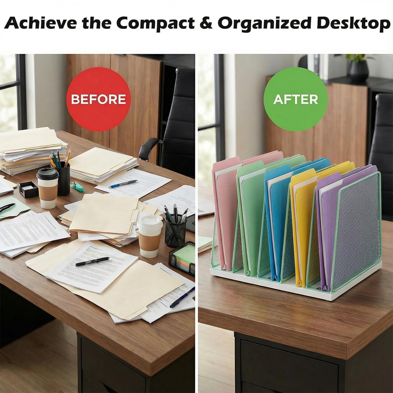 5-Section File Organizer for Desk, Wood Mesh Desktop File Organizer, File Sor…