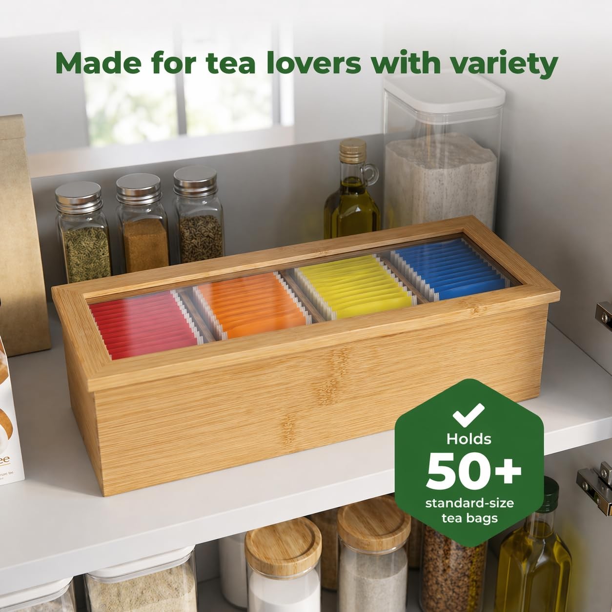 Whotti Tea Bag Organizer – Bamboo Box with Compact, Natural