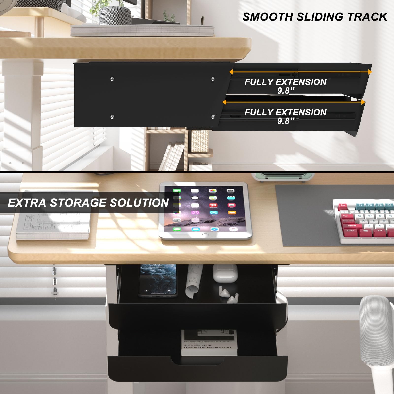 Under Desk Mounted Sliding Double Layer Drawer with Tilt Panel to Pull Black
