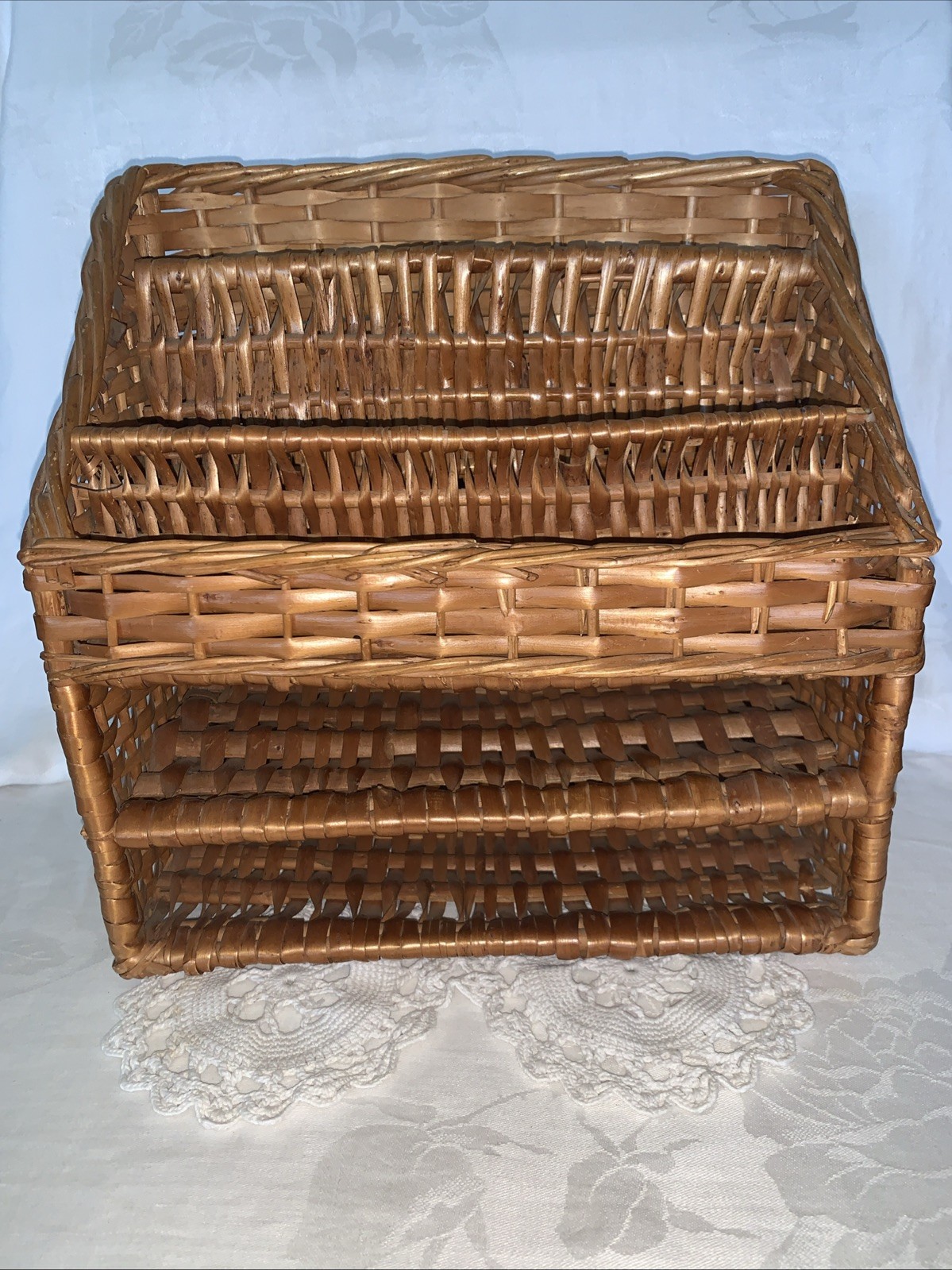 Vintage Wicker Desk Organizer Mail Letter Holder Shelf Tiered 10.5”x6”x11”