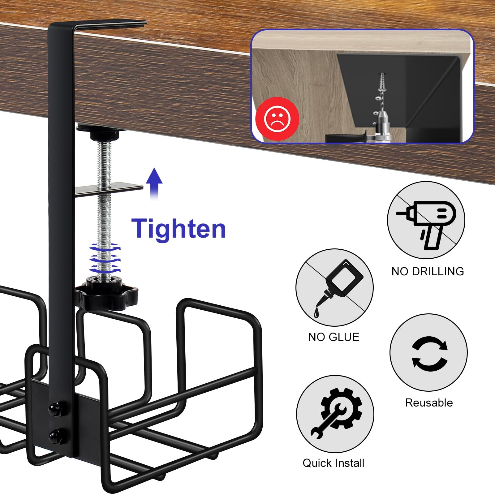 OneLeaf Under Desk Cable Management Tray – No Drill 1 Pack – Medium, Black