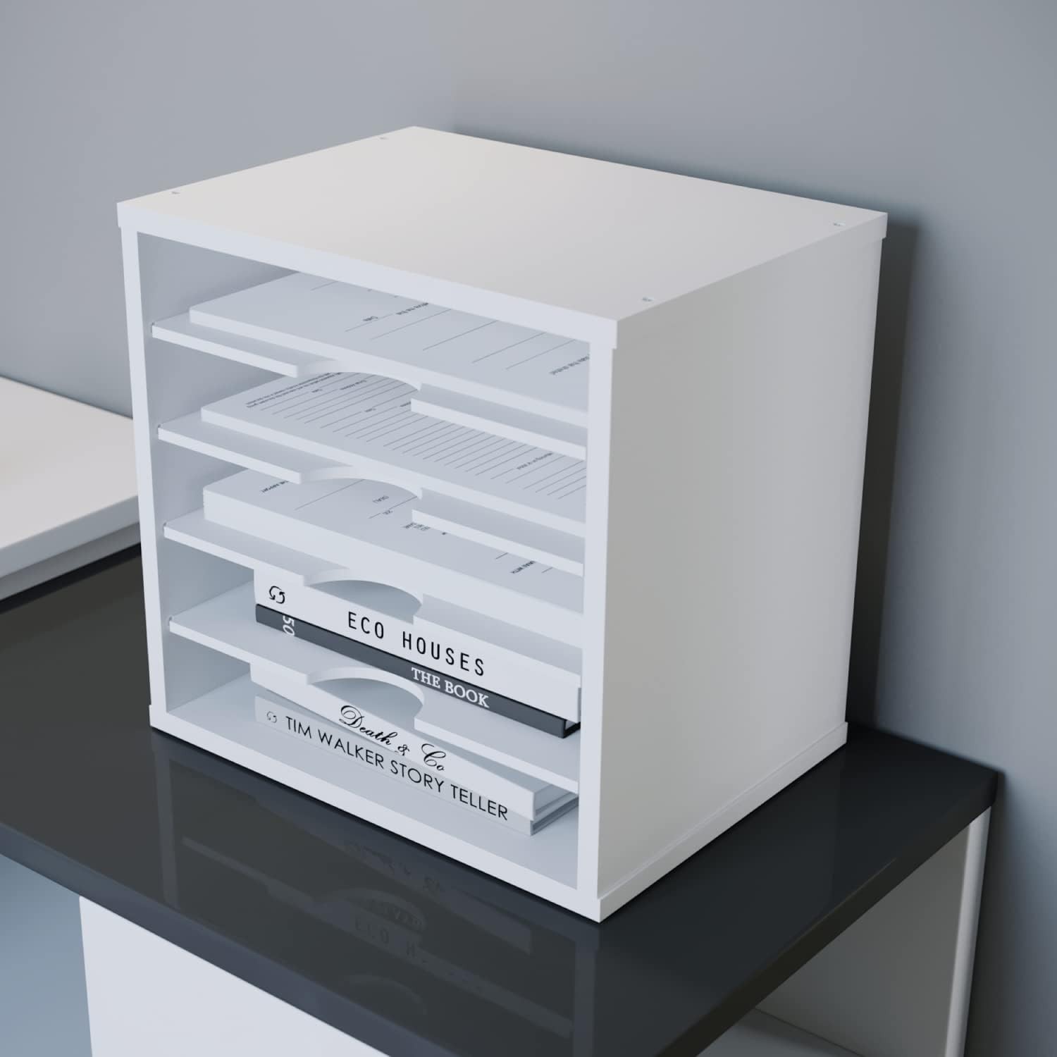 White Desk File Organizer, 5 Tier Adjustable Shelves