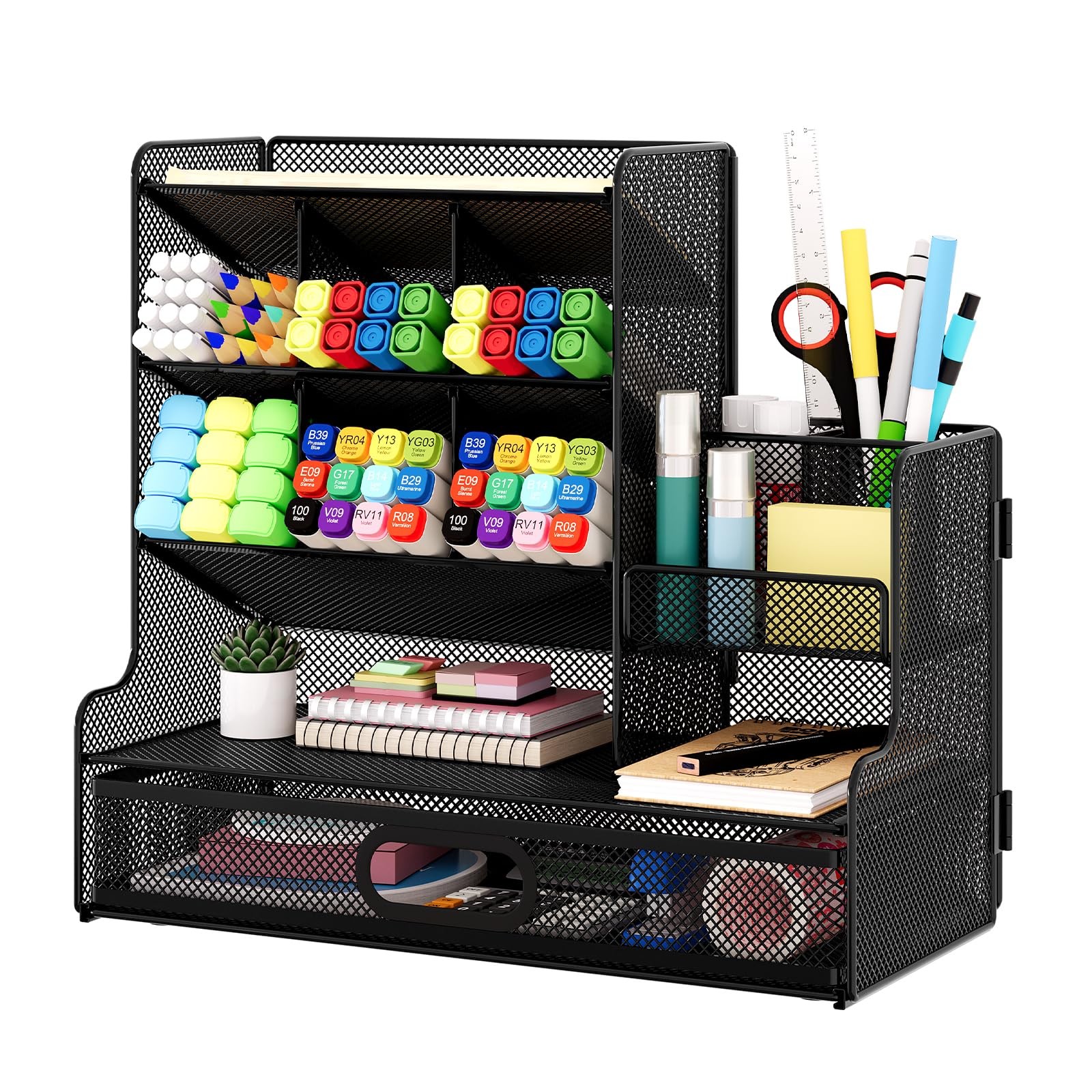 PAG-Mass Desk Organizer with Drawer, Mesh Marker Pen Holder for Desk, Black