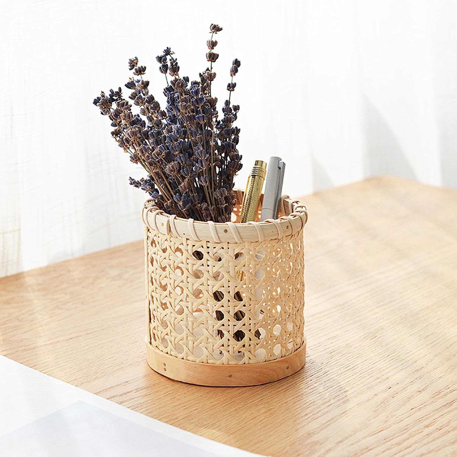 Handwoven Rattan Pen Holder – Cylindrical Desk Organizer, Natural Wicker Penc…