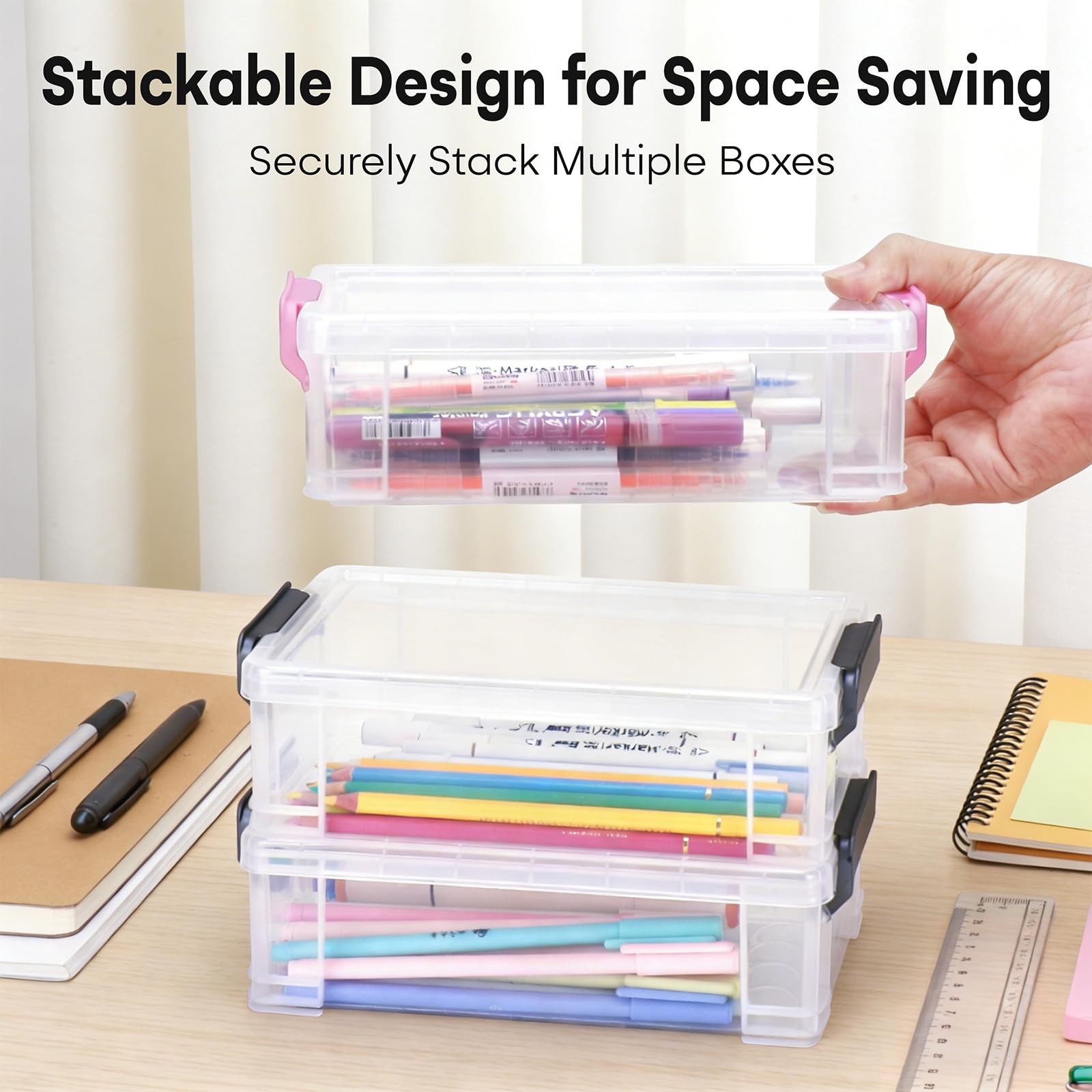 Extra Large Clear Pencil Box for Crayons, Markers, Art Supplies, Plastic Hard…