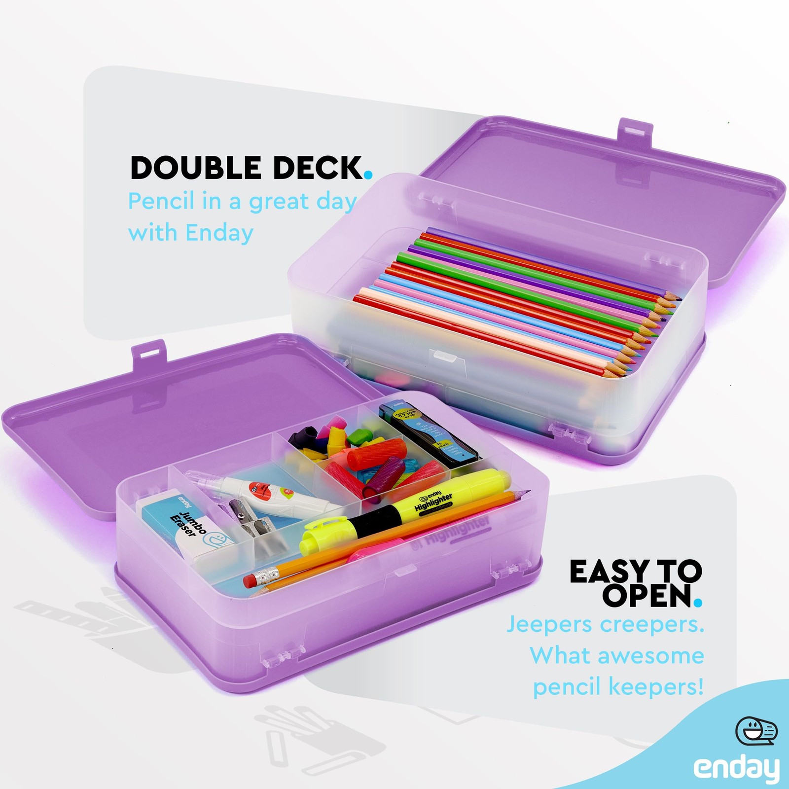 Large Capacity Double Deck Pencil Box – Purple Plastic With 12 Compartments, …