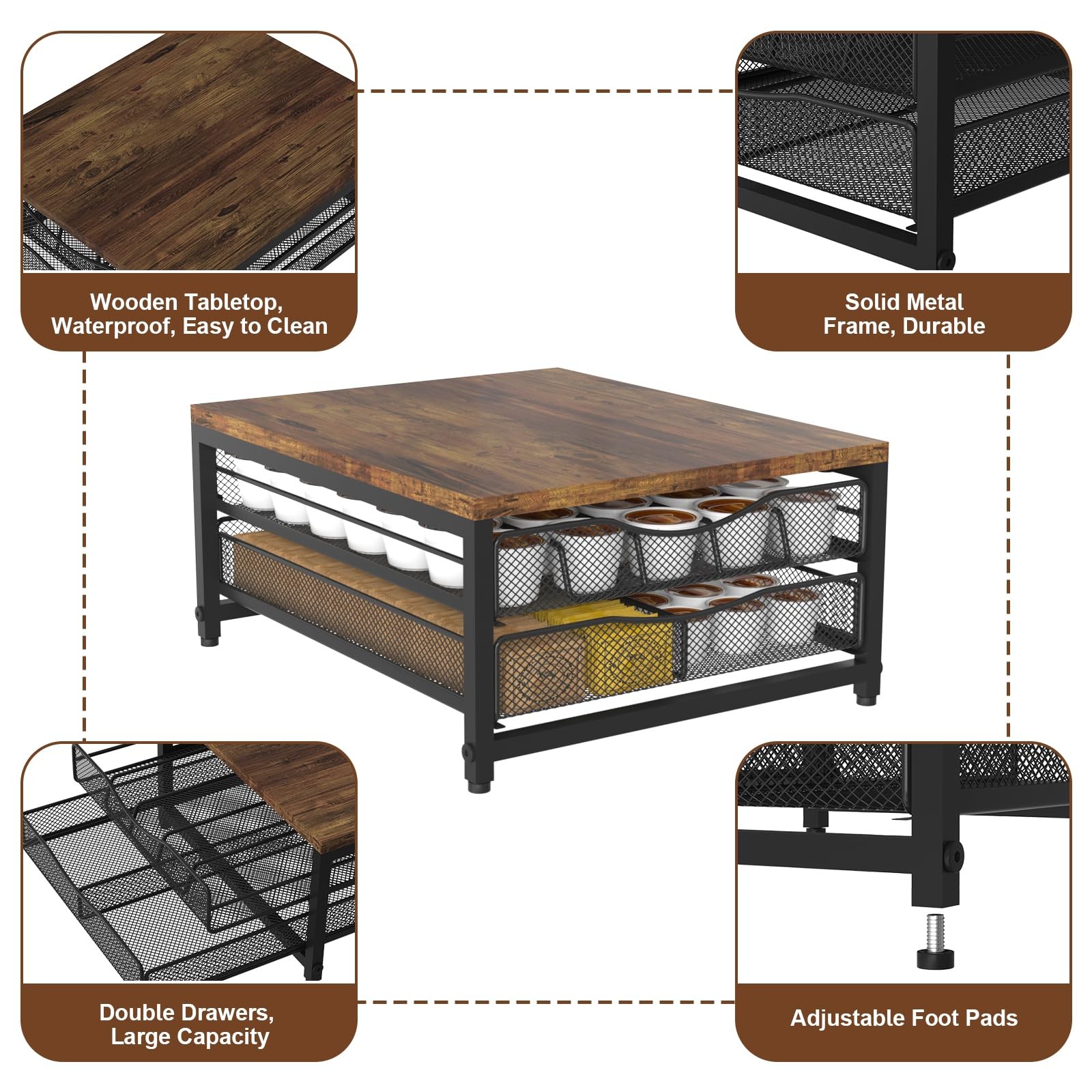 VyGrow Coffee Pod Holder For Counter, Double Layer Sliding Drawer, brown