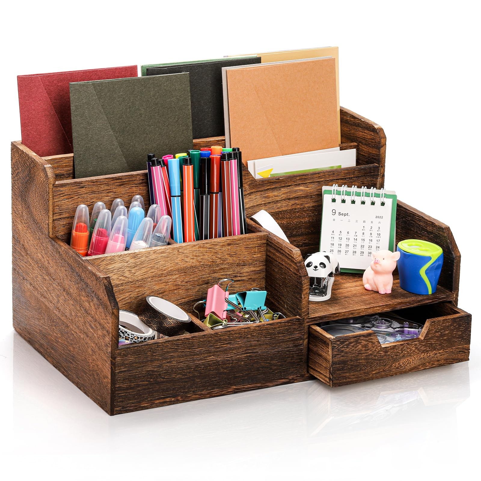 Brown Wooden Mail Organizer, Desk Organizer with 7 Compartments and Drawer, R…