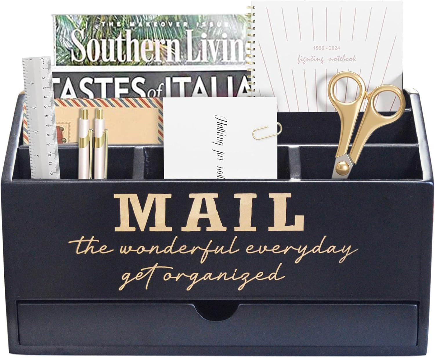 Wooden Black Rustic Countertop Mail Storage Holder with Drawer and Compartments