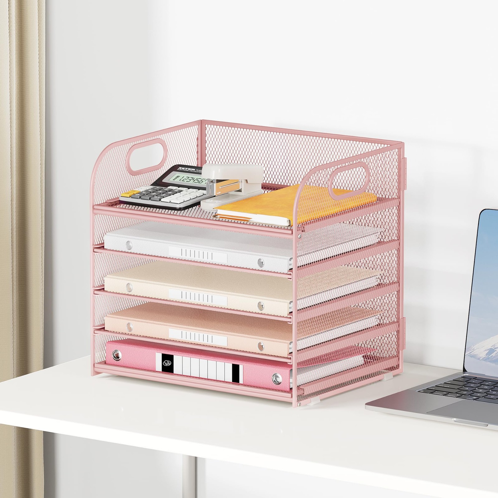 Lavatino Desk Paper Organizer with Handle, 2 Pack 5-Tier Pink Mesh Desk File