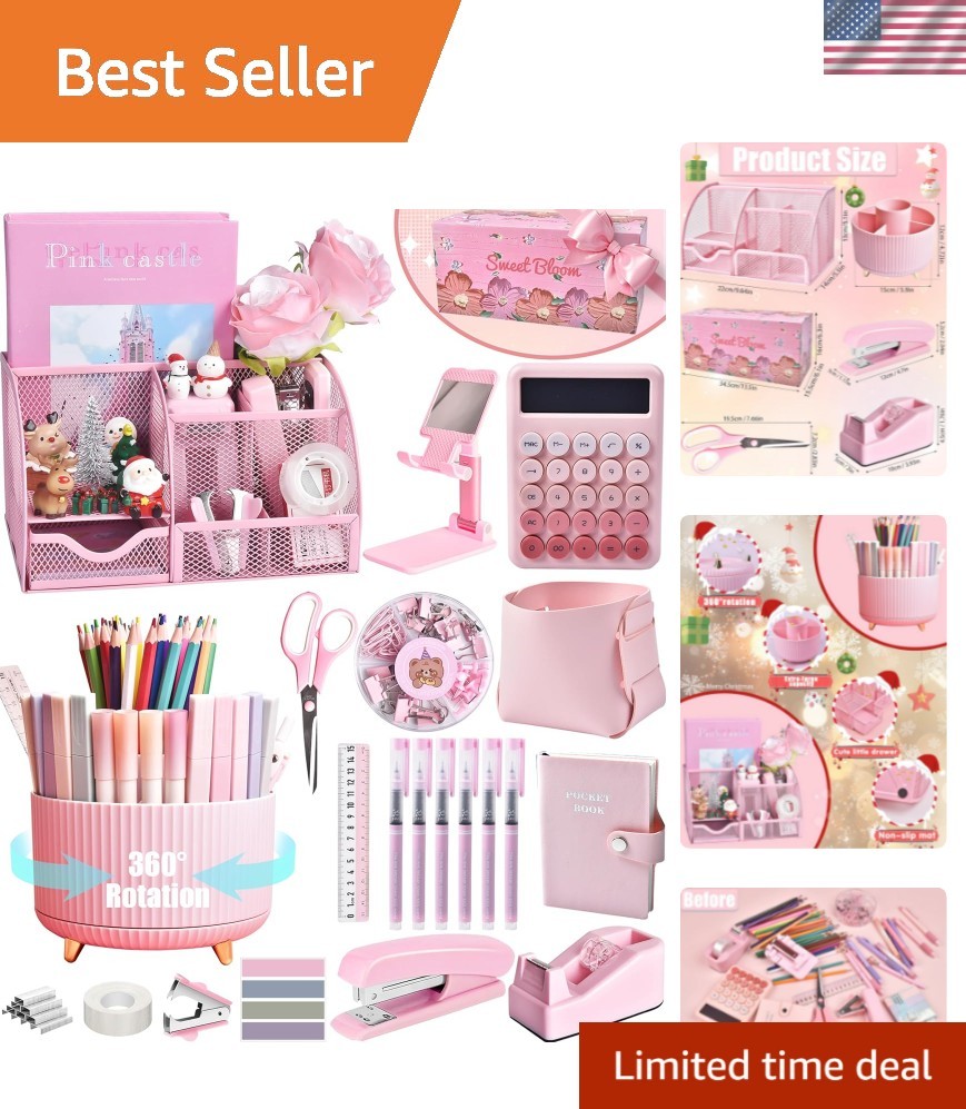 21Pcs Pink Desk Organizers and Accessories With Mesh Desk Organizer and 360°R…