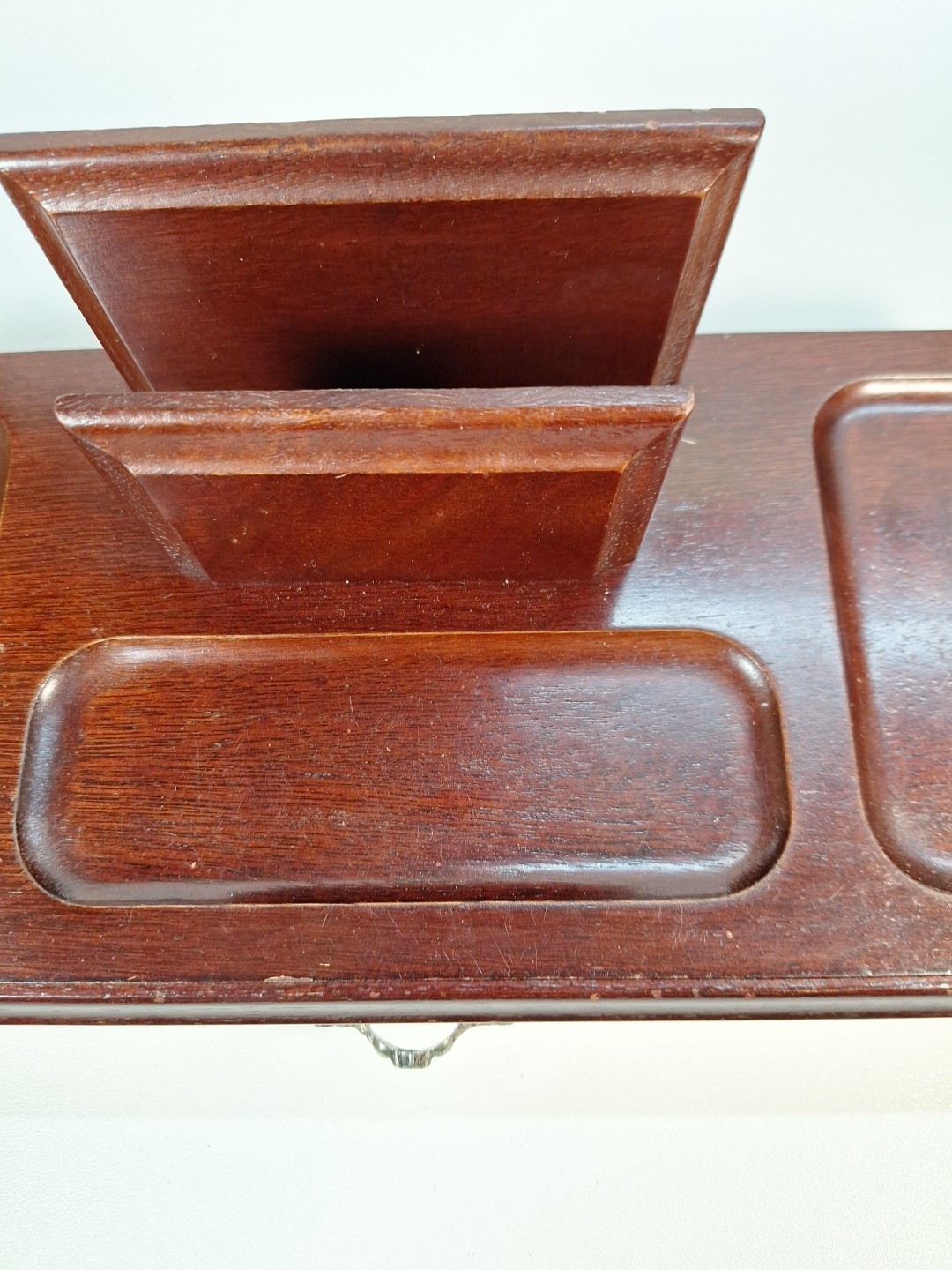 Vintage Wooden Desk Organizer With Metal Handle & Compartment/Drawer