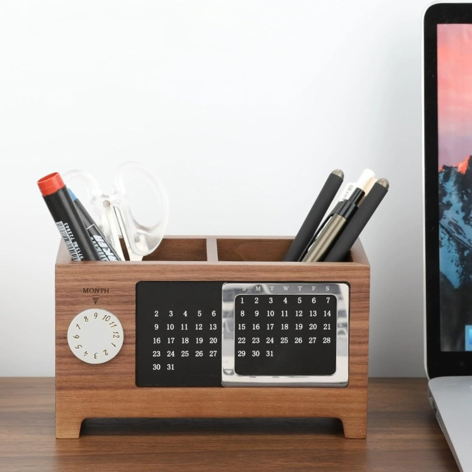 Wooden Calendar Pencil Pen Holder, Desk Organizer with 2 Slots, Multifunctional