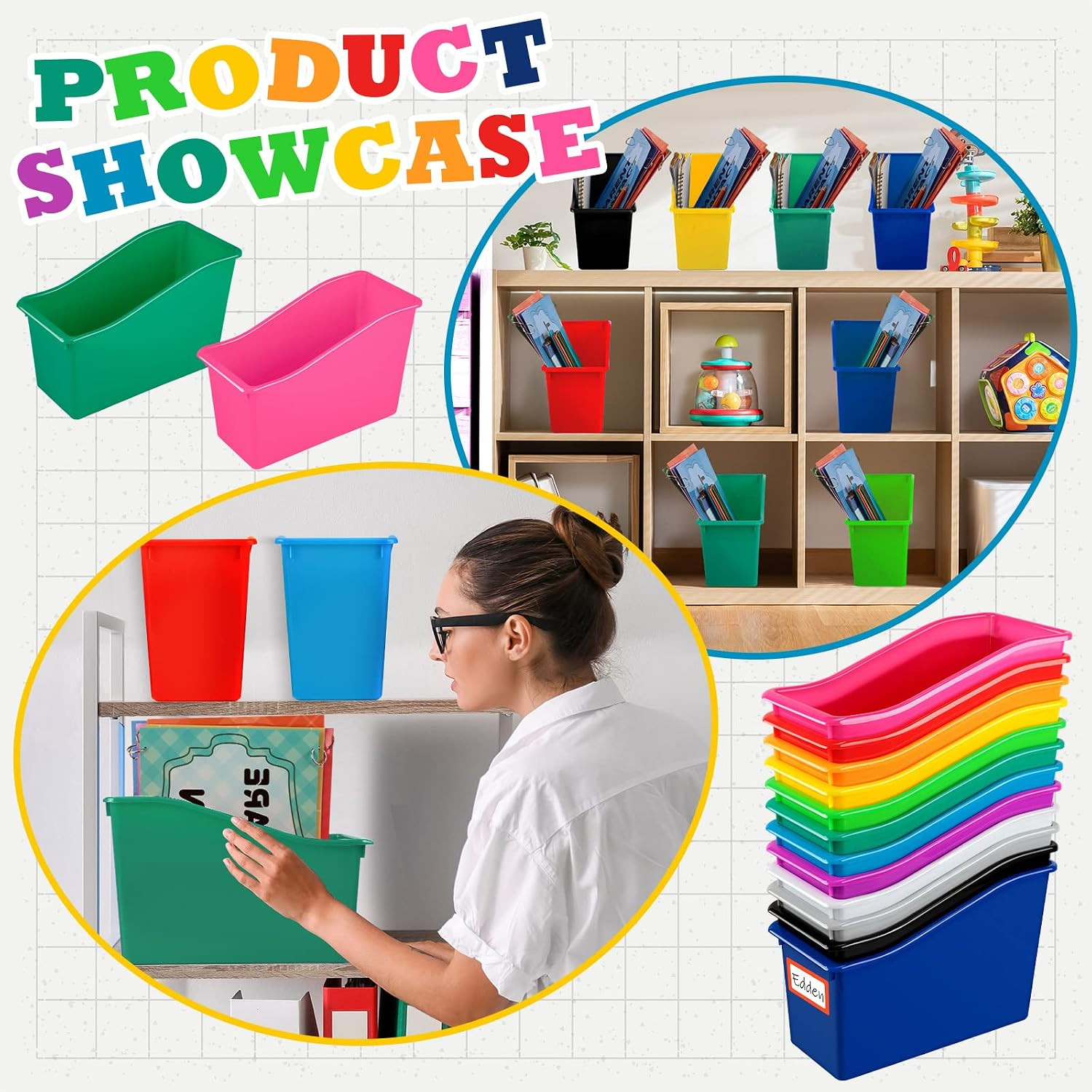 Jinei 24 Pack Multicolor Book Bins for Classroom Decor Bulk Plastic Bins with Na