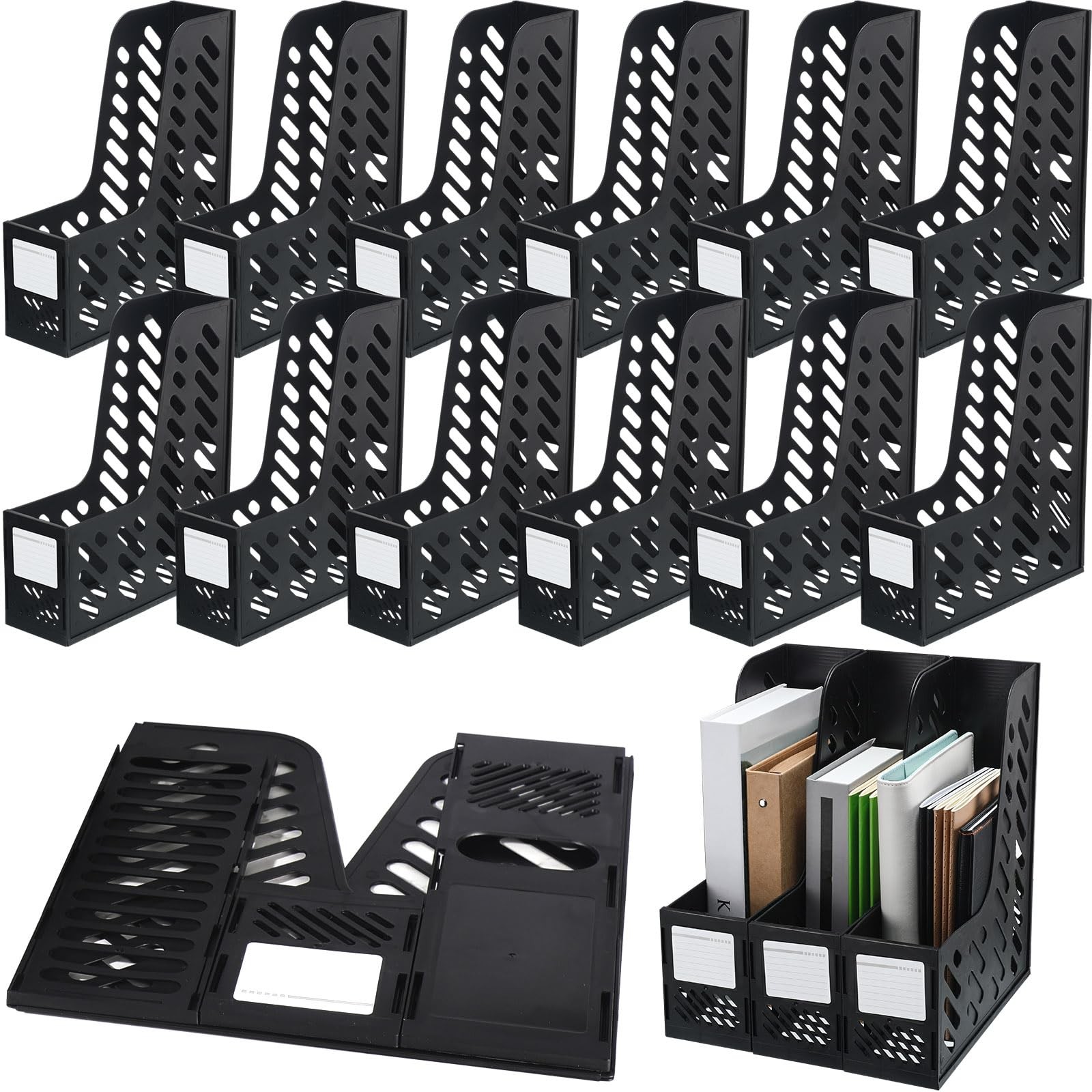 12 PCS Black Plastic Vertical File Holder Magazine Rack Desk Organizer
