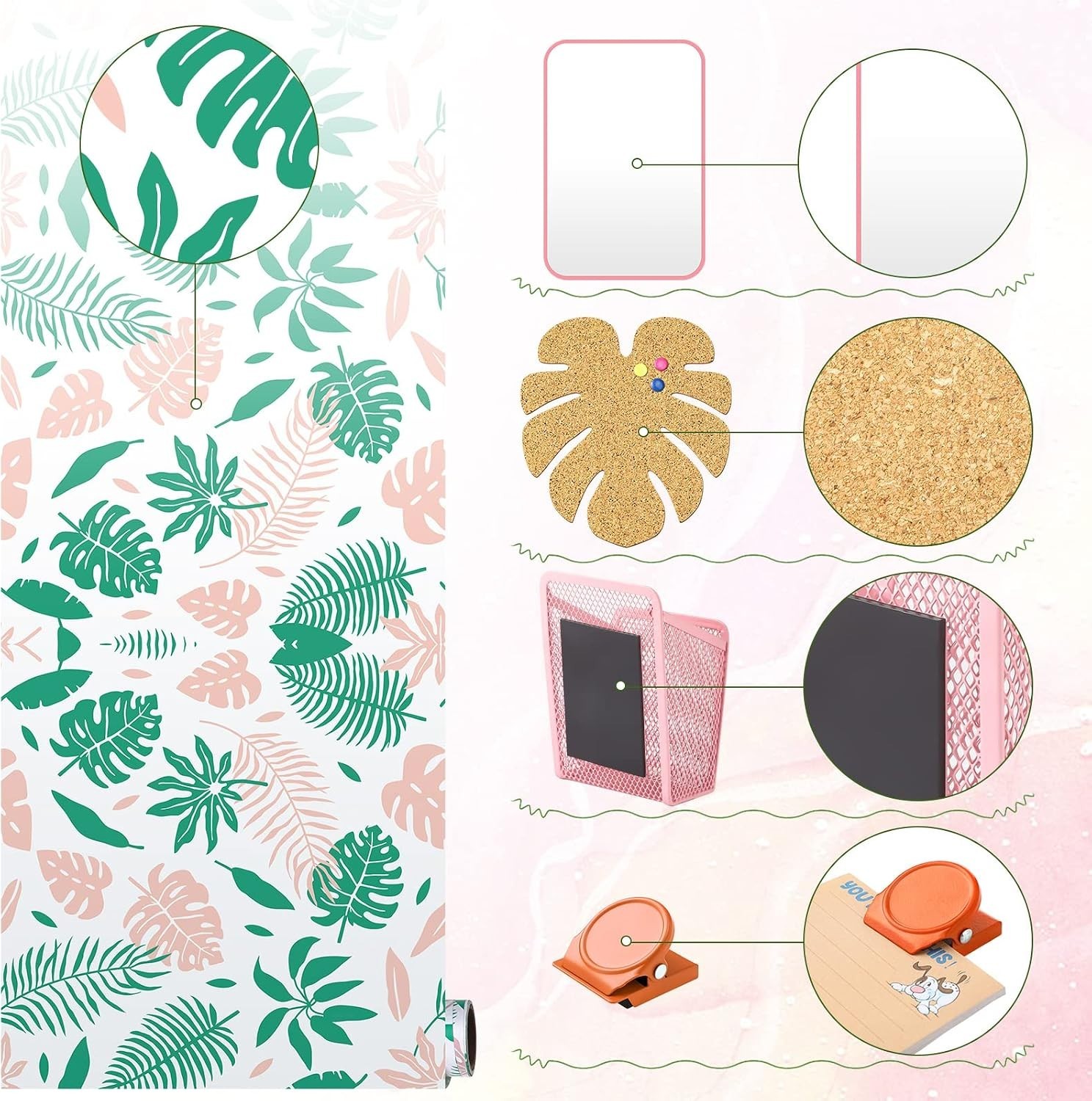 School Locker Organizer Set with Palm Leaf Wallpaper and Magnetic Accessories