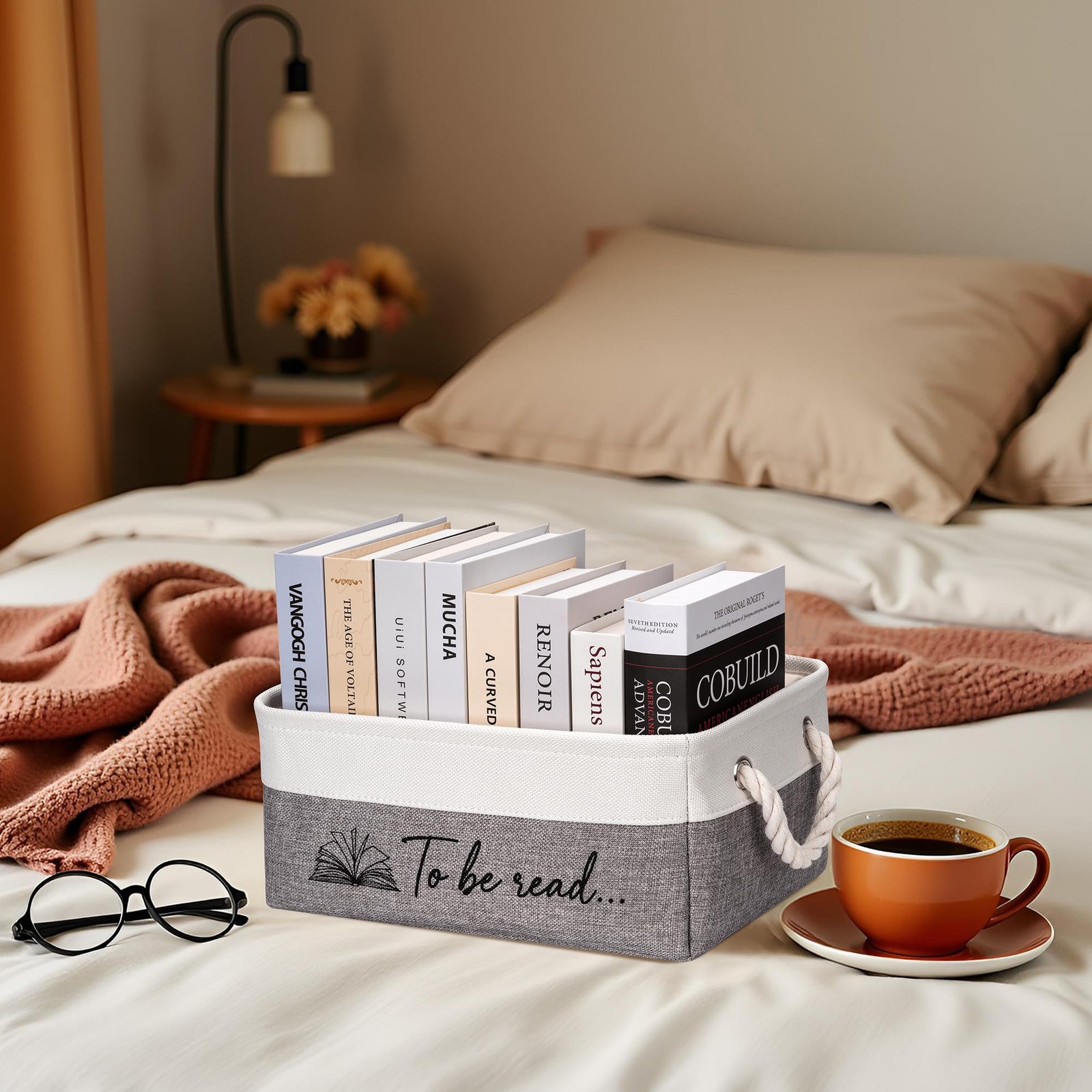 Book Storage Basket TBR Lover Gifts To Be Read Organizer Bin Handles Grey