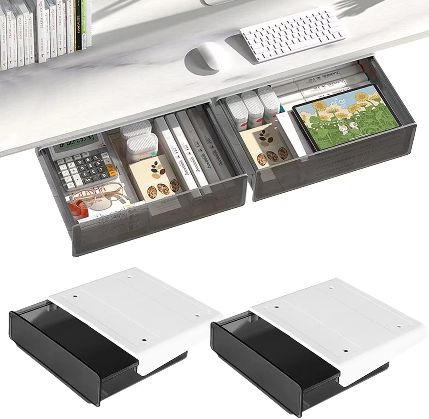 Self-adhesive Under Desk Drawer Organizer, 2 Pack Table Hidden Slide Out Larg…