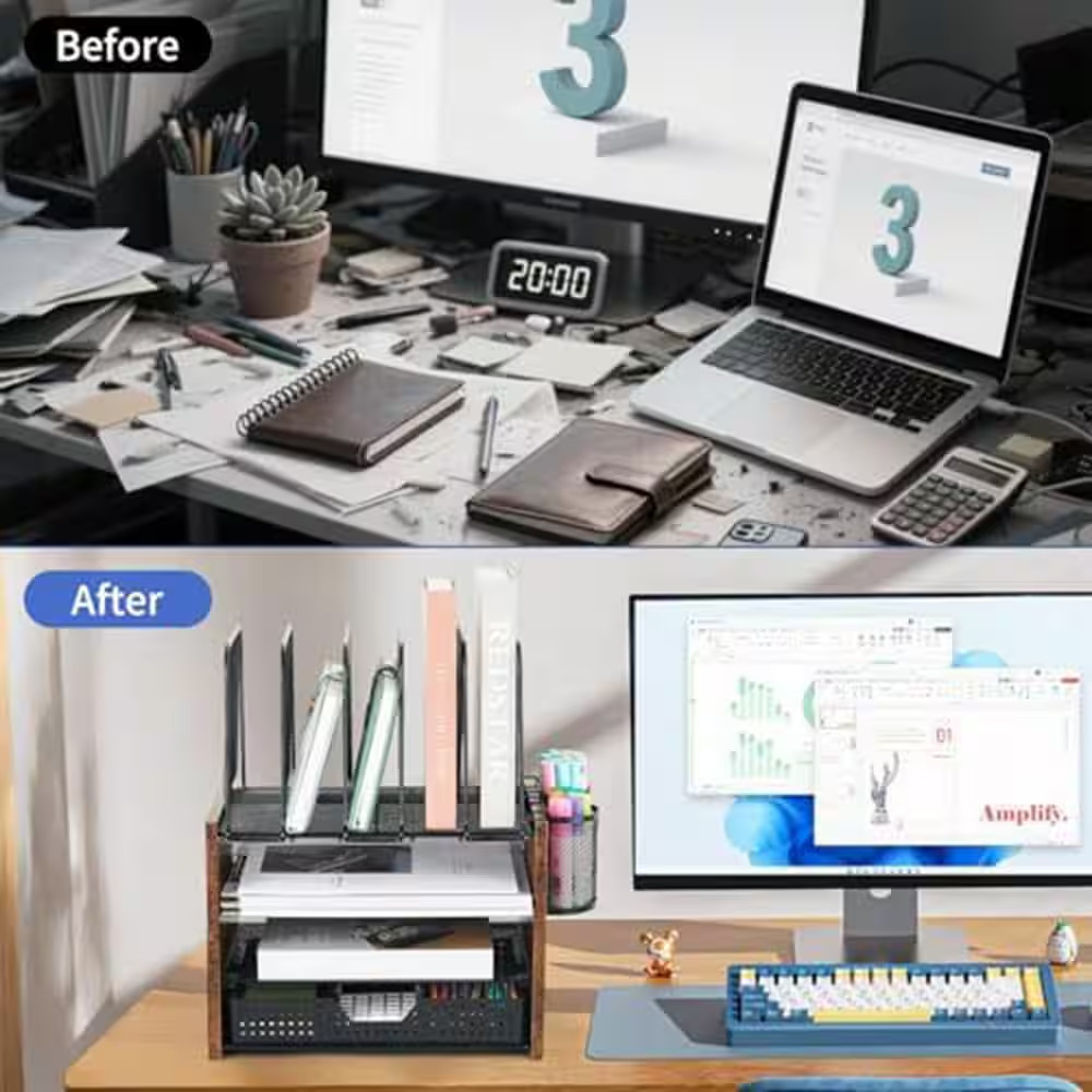 4-Tier Mesh Wood Desktop Organizer Shelf Vertical File Holder with Drawer and Pe