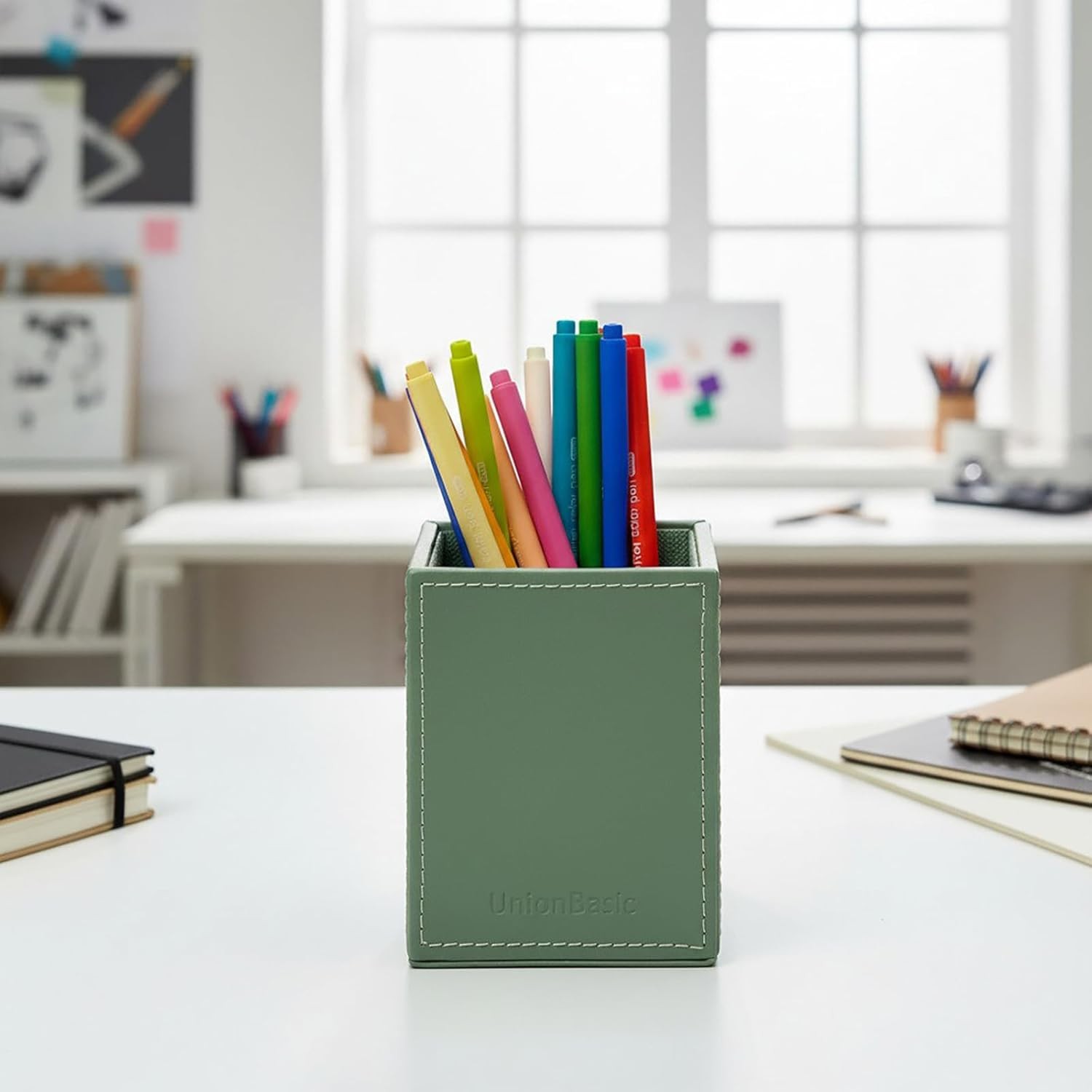 Square Pens Pencils Cup Holder Desk Stationery Organizer Selected Faux Leather