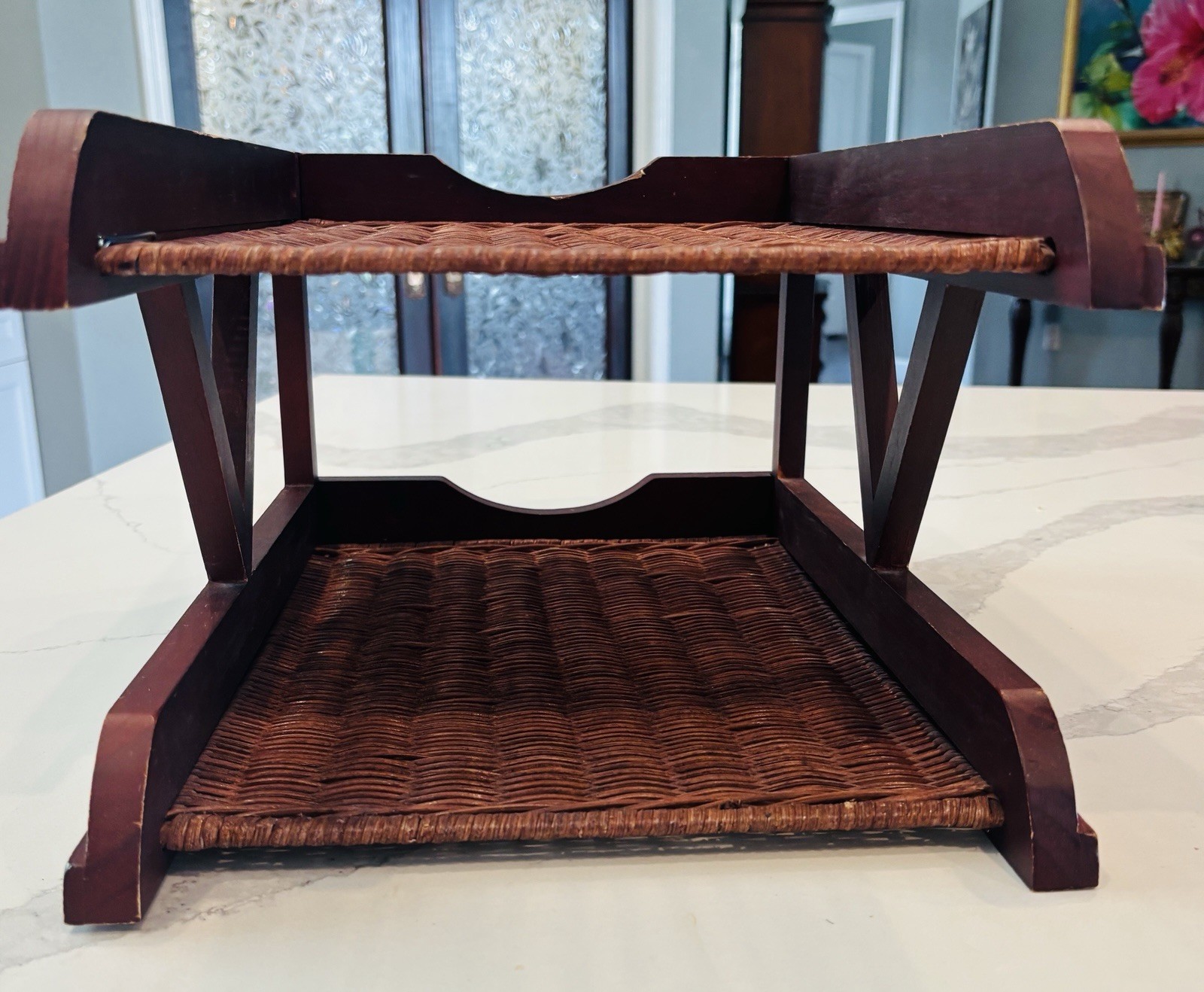 Vintage Wood Letter Tray Desk Organizer Woven Rattan 2 Tier Office Holder 15×11”