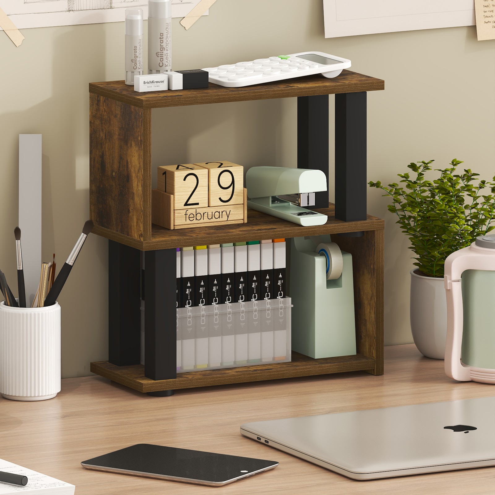 Furinno TURN-N-TUBE 3-Tier Corner Desk Organizers and Accessories. Amber Pine