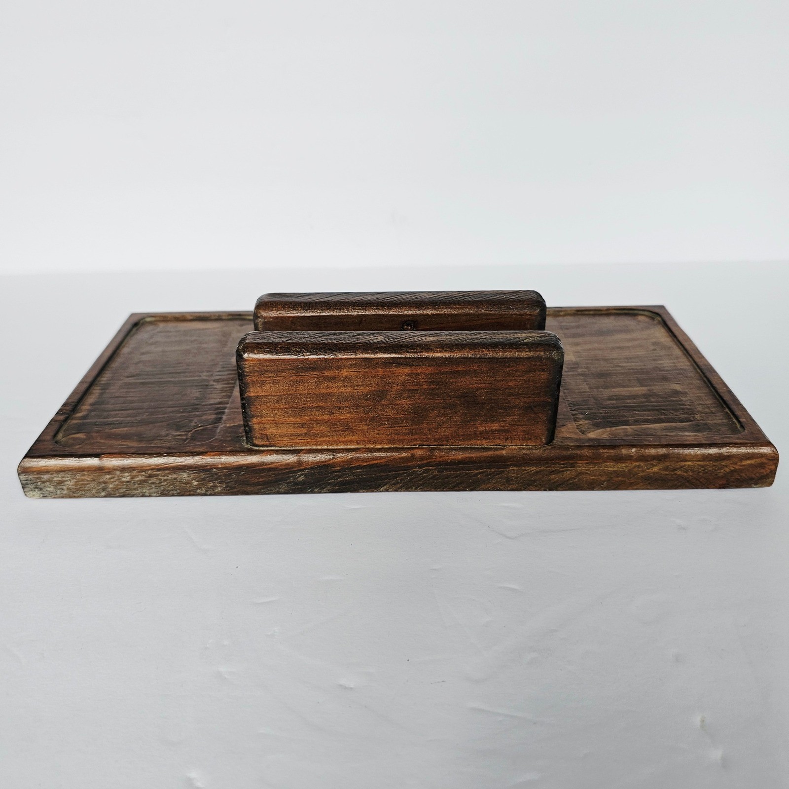 Vtg Handmade Wood Desk Organizer Mens Valet Tray Brown Rustic Farmhouse Catchall
