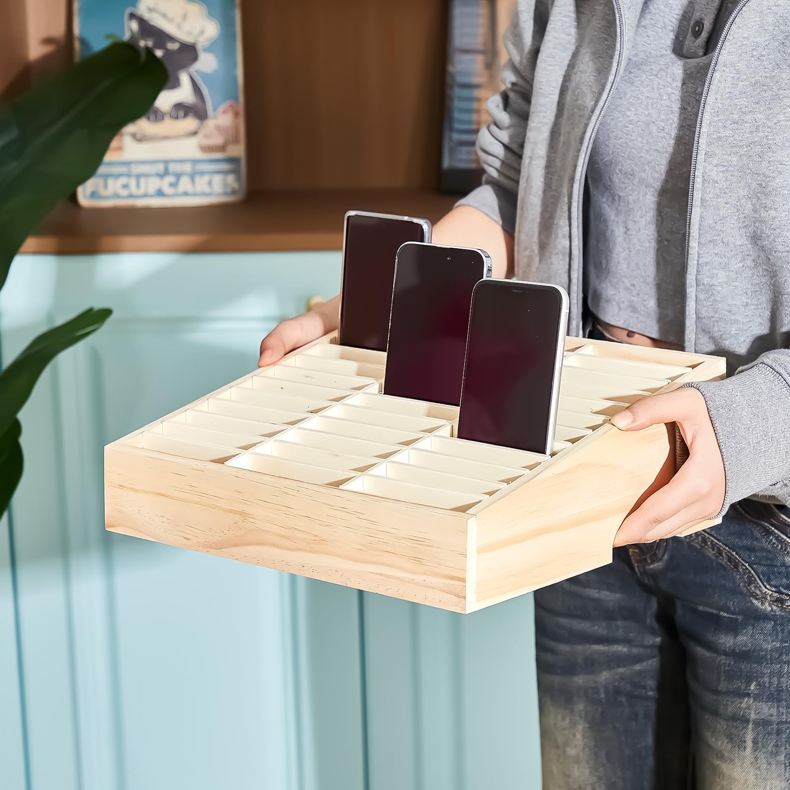 CroBlissful 2 Pcs 36 Grid Wooden Cell Phone Holder Classroom Wood