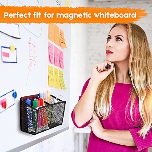 Magnetic Pencil Holder – Extra Strong Magnets Mesh 2 Baskets 1 Pack Black