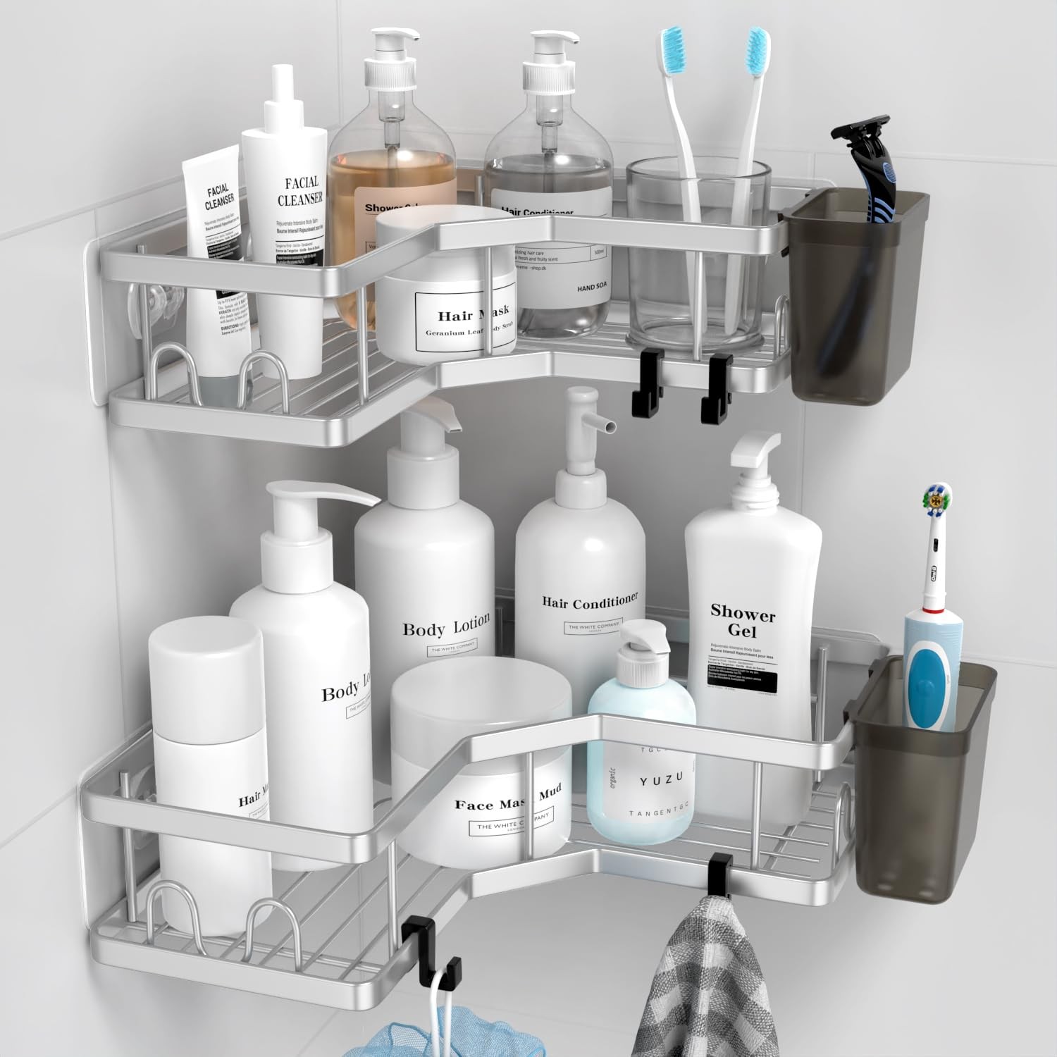 AKTECKE Corner Shower Caddy Shelf Rack: 2 Pack 9.6″×9.6″×2.6″, bright silver