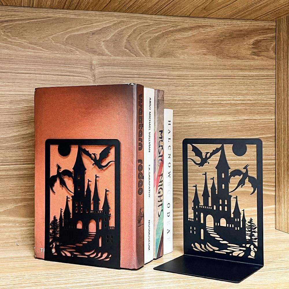 Book Ends, Bookends, Ends for Shelves, 1 Pair Non Skid Metal Dragon B