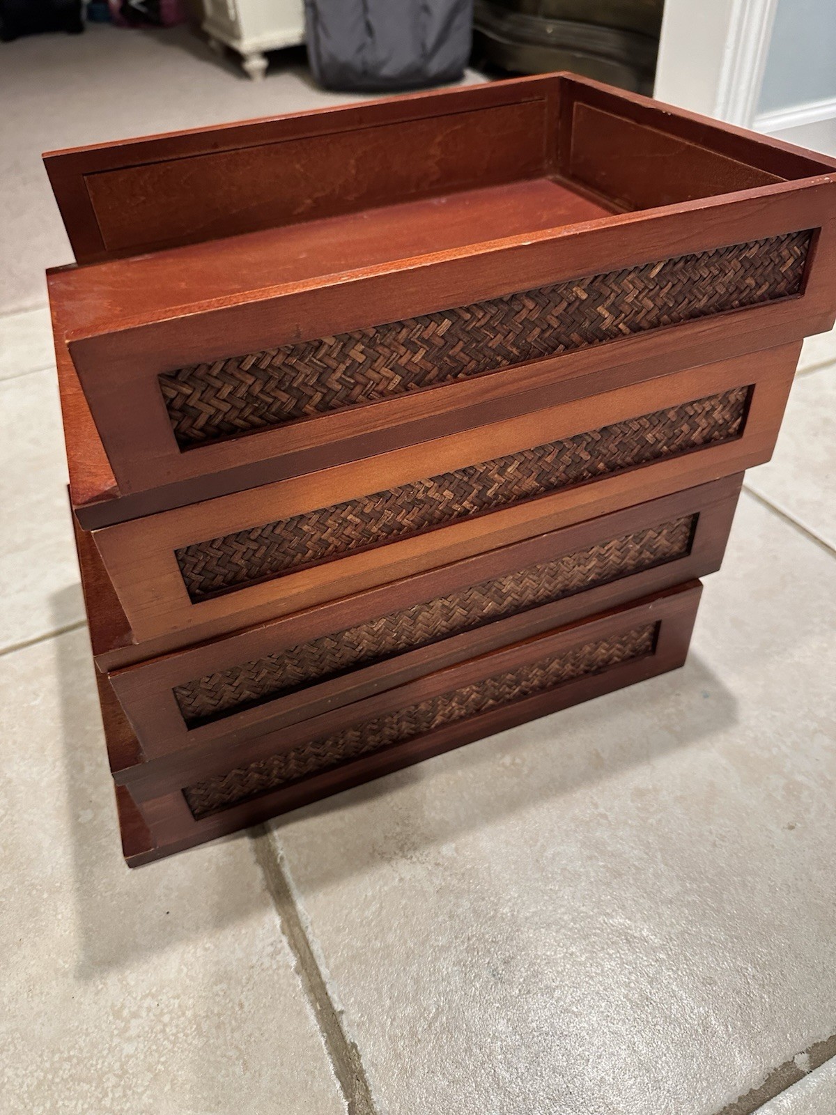 4-tier stackable wood paper tray organizer with a dark cherry Wood Pre Owned (4)