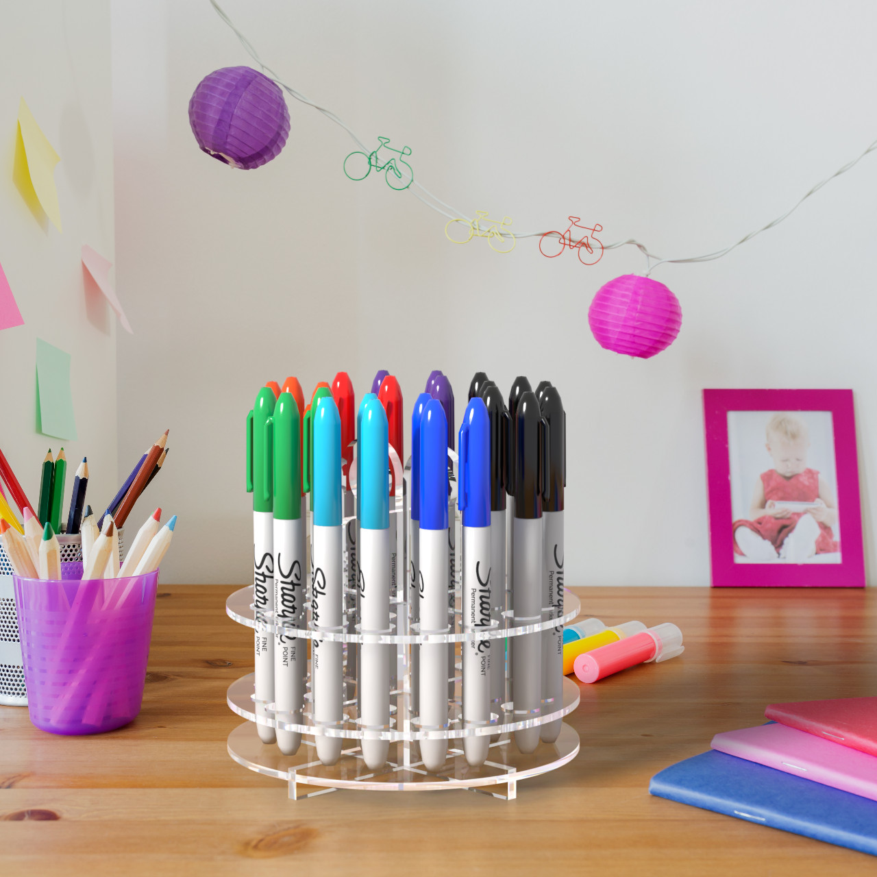 Beaded Pen Organizer Acrylic Clear Multi Hole Marker Display 24 Holes Tabletop