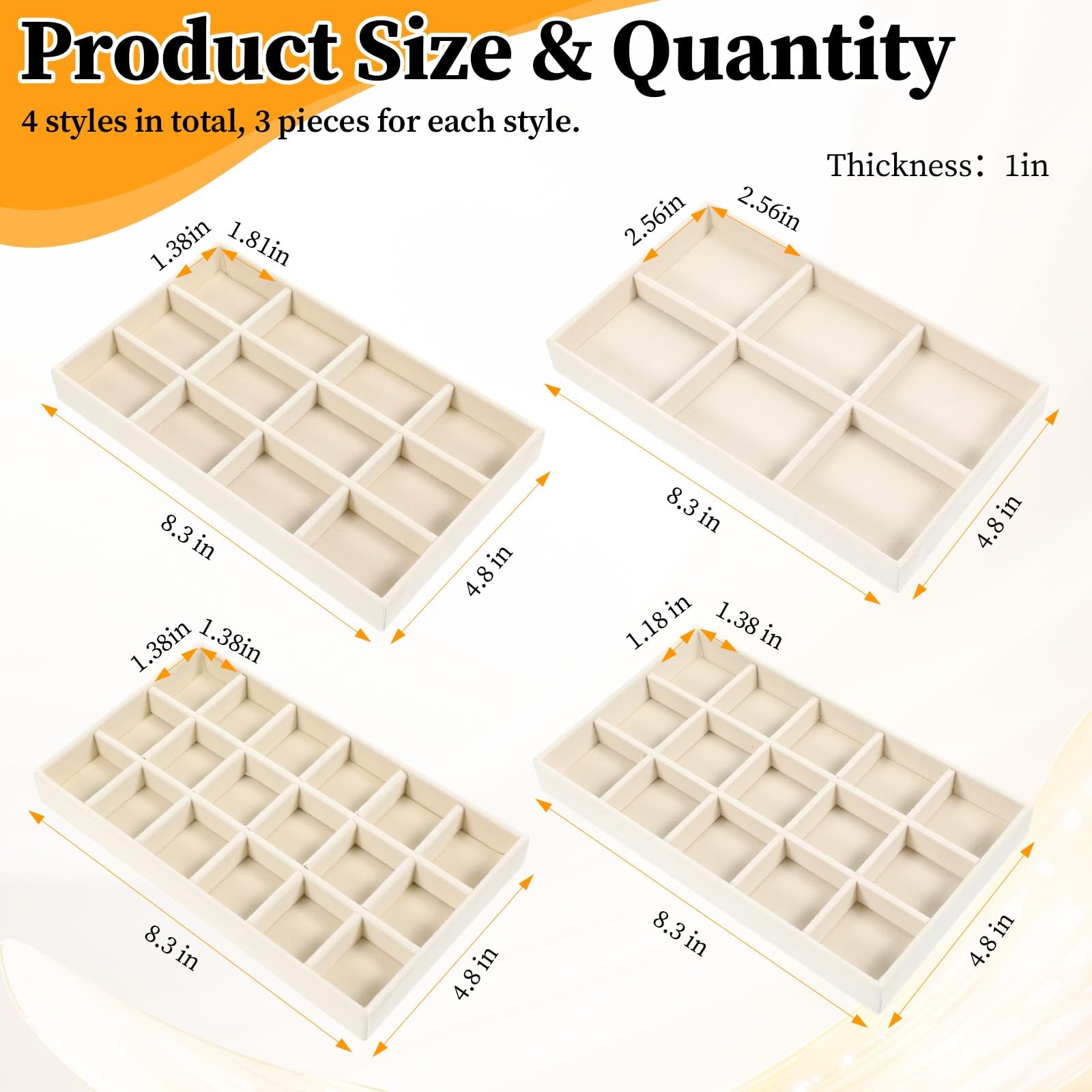 12 Pcs Velvet Jewelry Organizer Trays Set, 4 Styles Stackable Drawer Beige