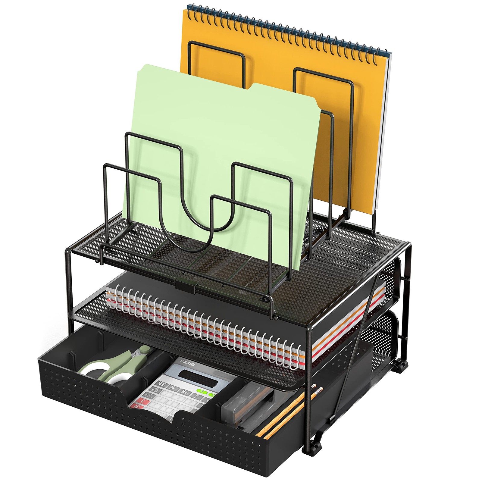 Deco Brothers Desktop File Organizer with Double Tray and 5 Folder Stand, Black