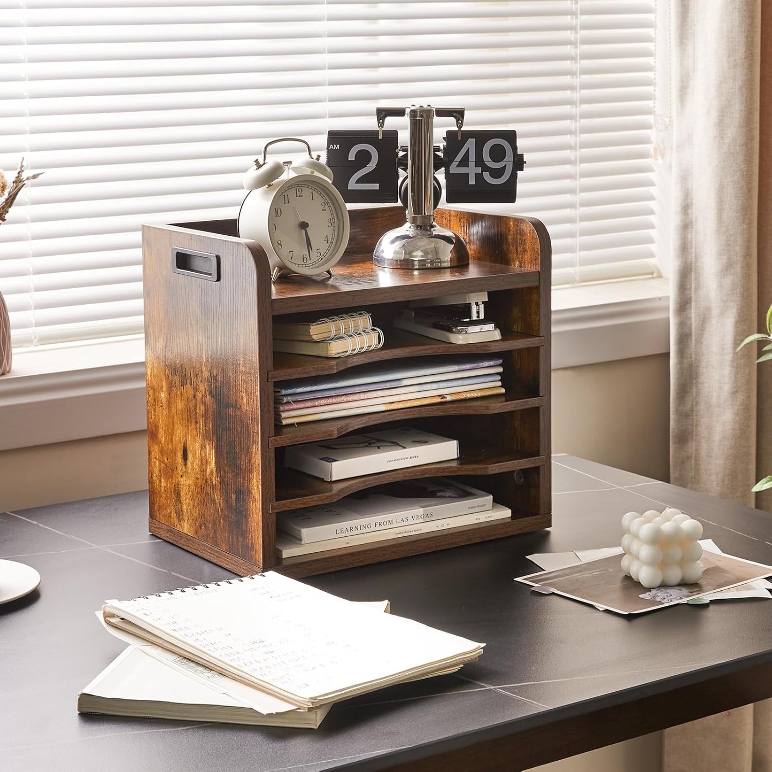 Rustic Brown Adjustable Paper Holder – 5 Tiers with Portable Handle for Offices
