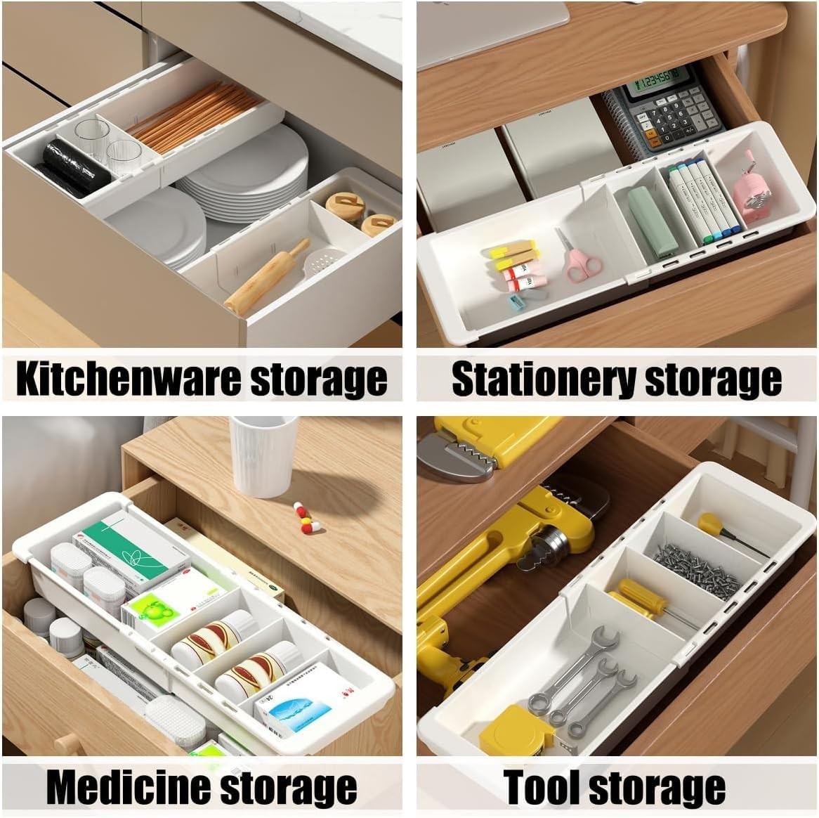 EooUooIP Sliding Drawer Tray with Adjustable Dividers, Expandable White