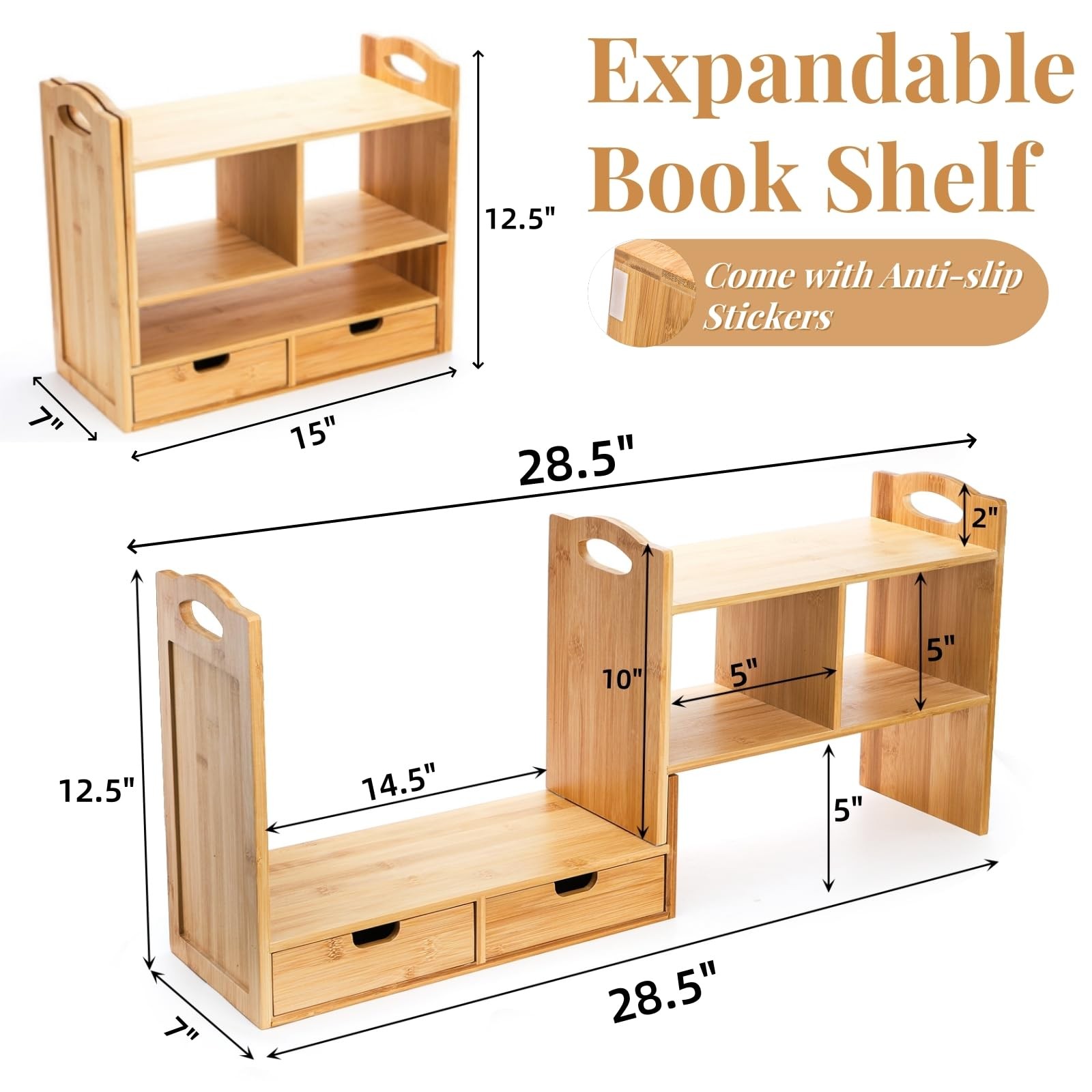 Eorbow Bamboo Desktop Bookshelf, Expandable Counter 15″ x 12″ x 6.5″, Natural
