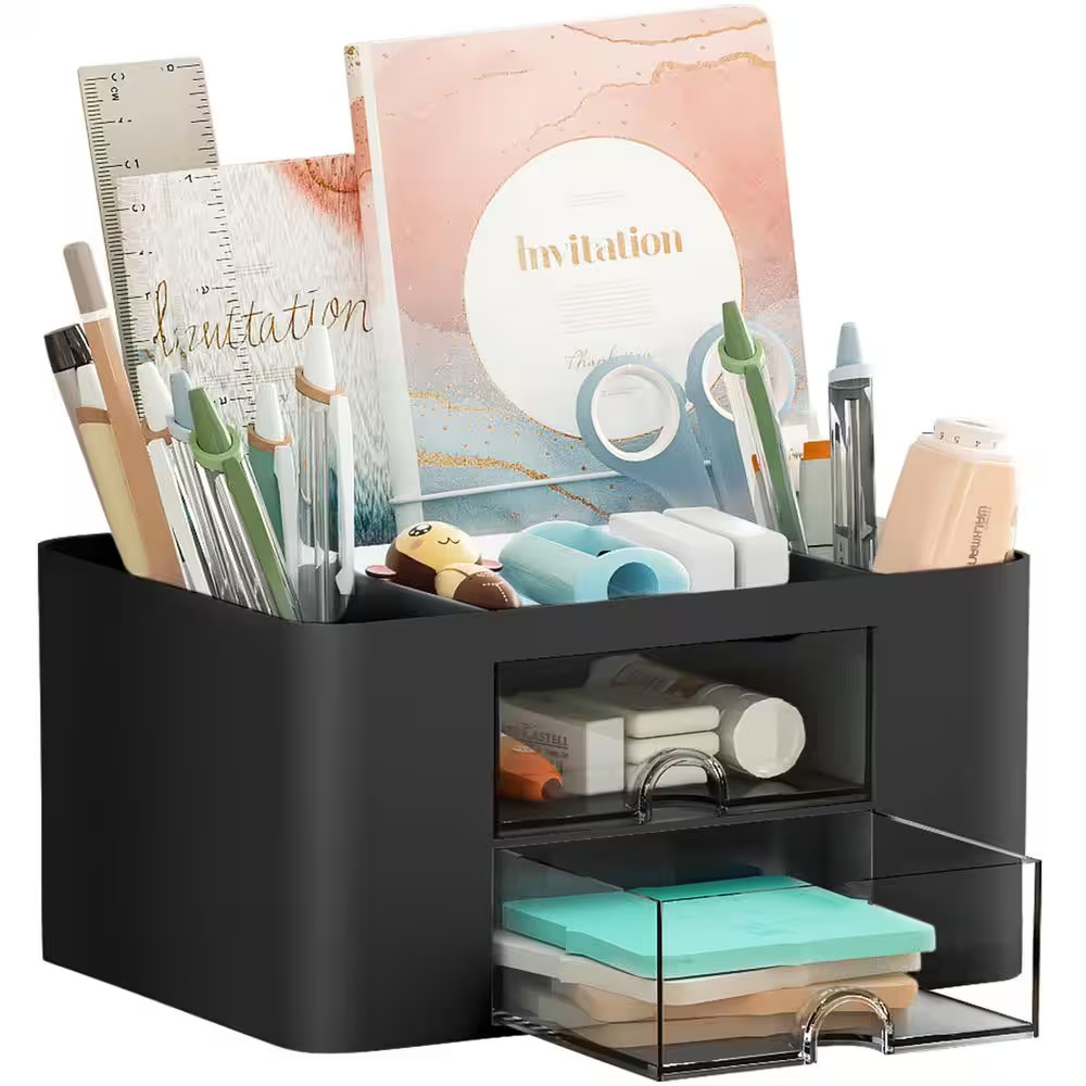3 Compartments Pen Holder with 2 Drawers, Multi-Functional Desk Organizer for Of