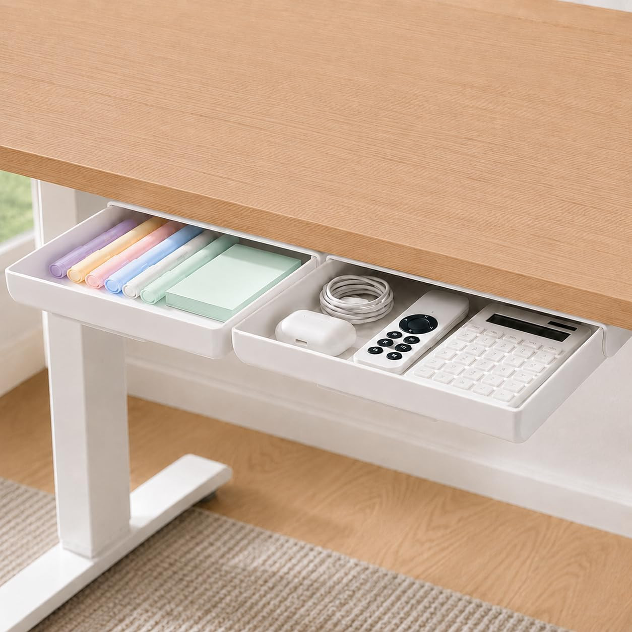 YOOUSOO Under Desk Drawer Organizer, 2 Pack Self Adhesive Slide Out Desk Storage